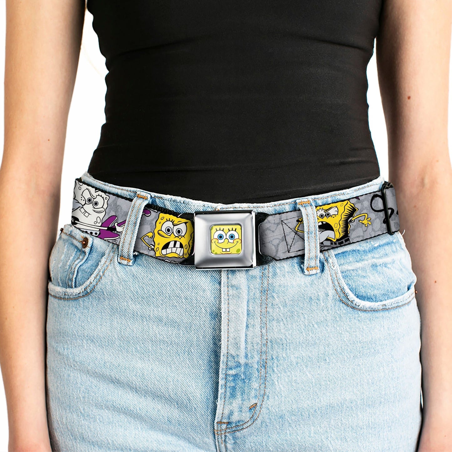 SpongeBob SquarePants Seatbelt Belt Face Close - Up Full Color Design Grays/Black - Paramount Shop