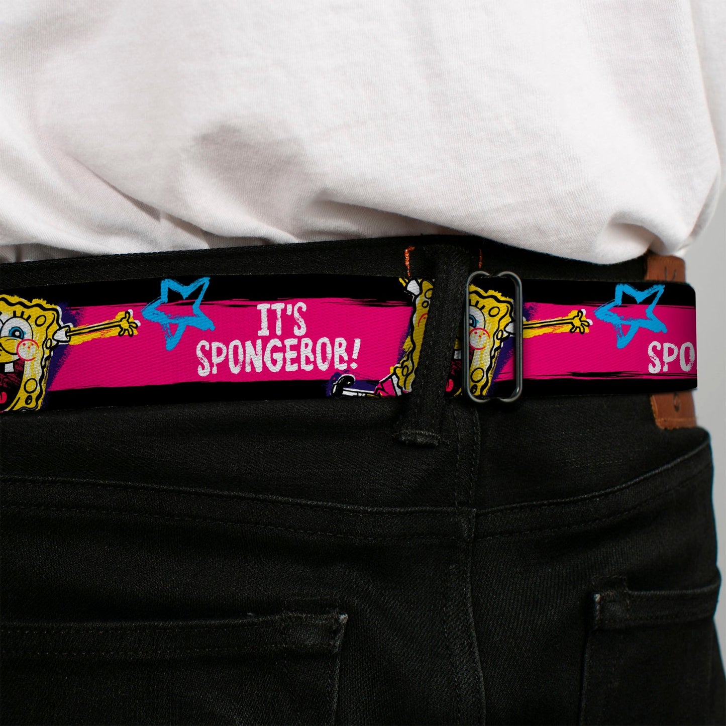 SpongeBob SquarePants Seatbelt Belt Face Close - Up Full Color Stripe Black/Pink/Blue/White - Paramount Shop