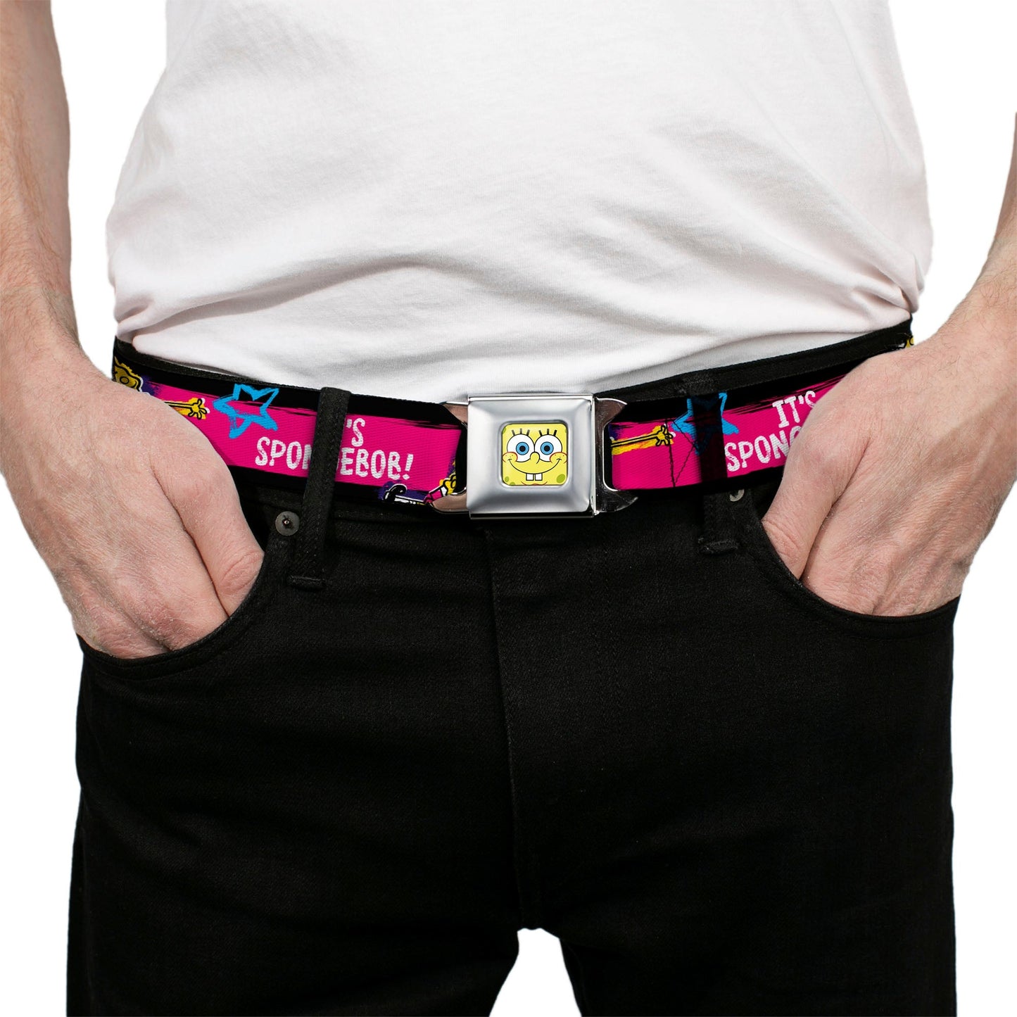 SpongeBob SquarePants Seatbelt Belt Face Close - Up Full Color Stripe Black/Pink/Blue/White - Paramount Shop