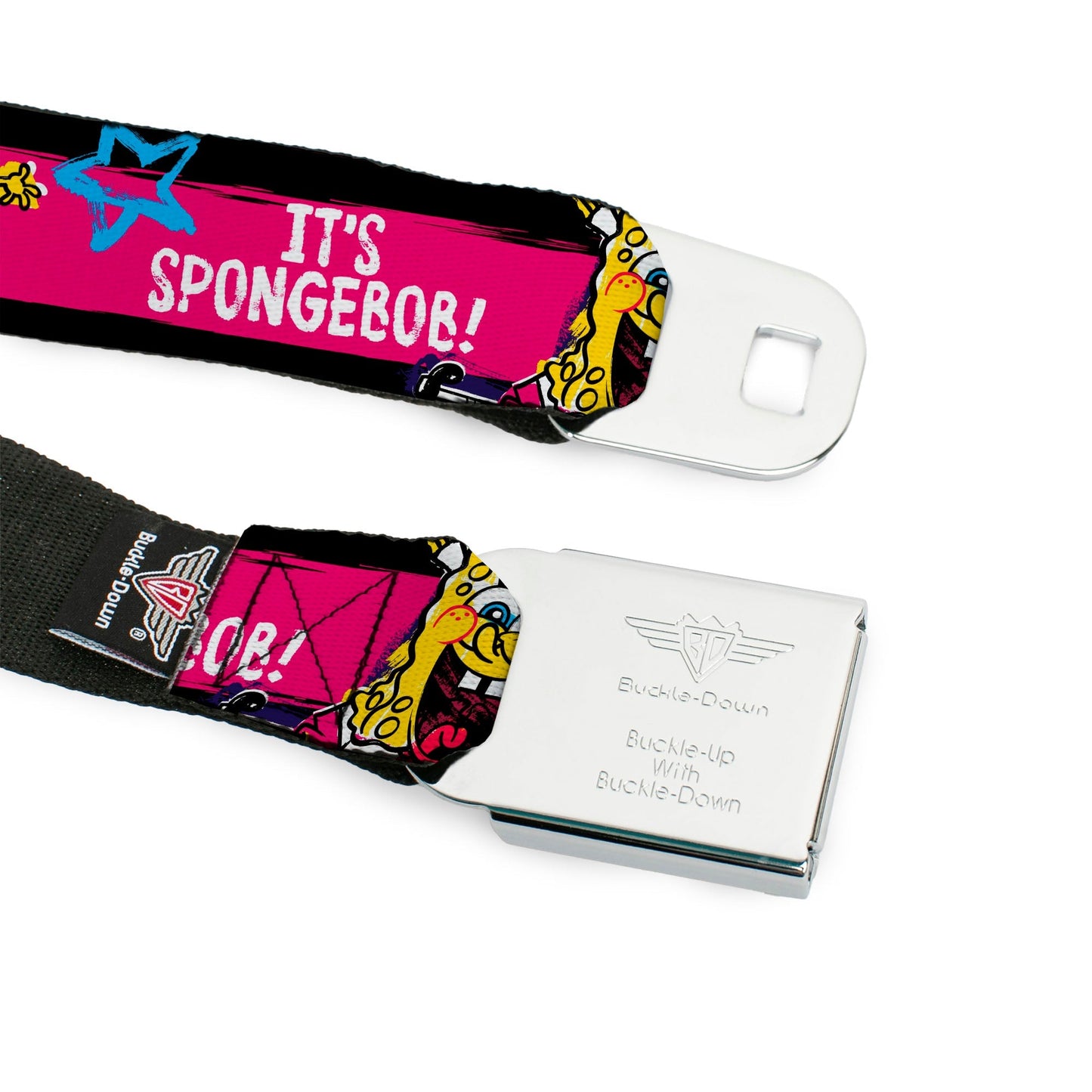 SpongeBob SquarePants Seatbelt Belt Face Close - Up Full Color Stripe Black/Pink/Blue/White - Paramount Shop