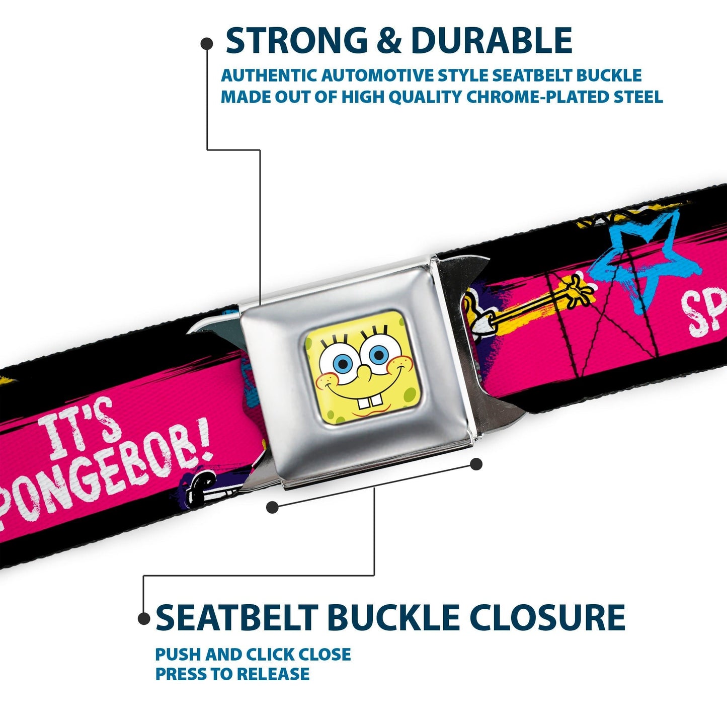SpongeBob SquarePants Seatbelt Belt Face Close - Up Full Color Stripe Black/Pink/Blue/White - Paramount Shop