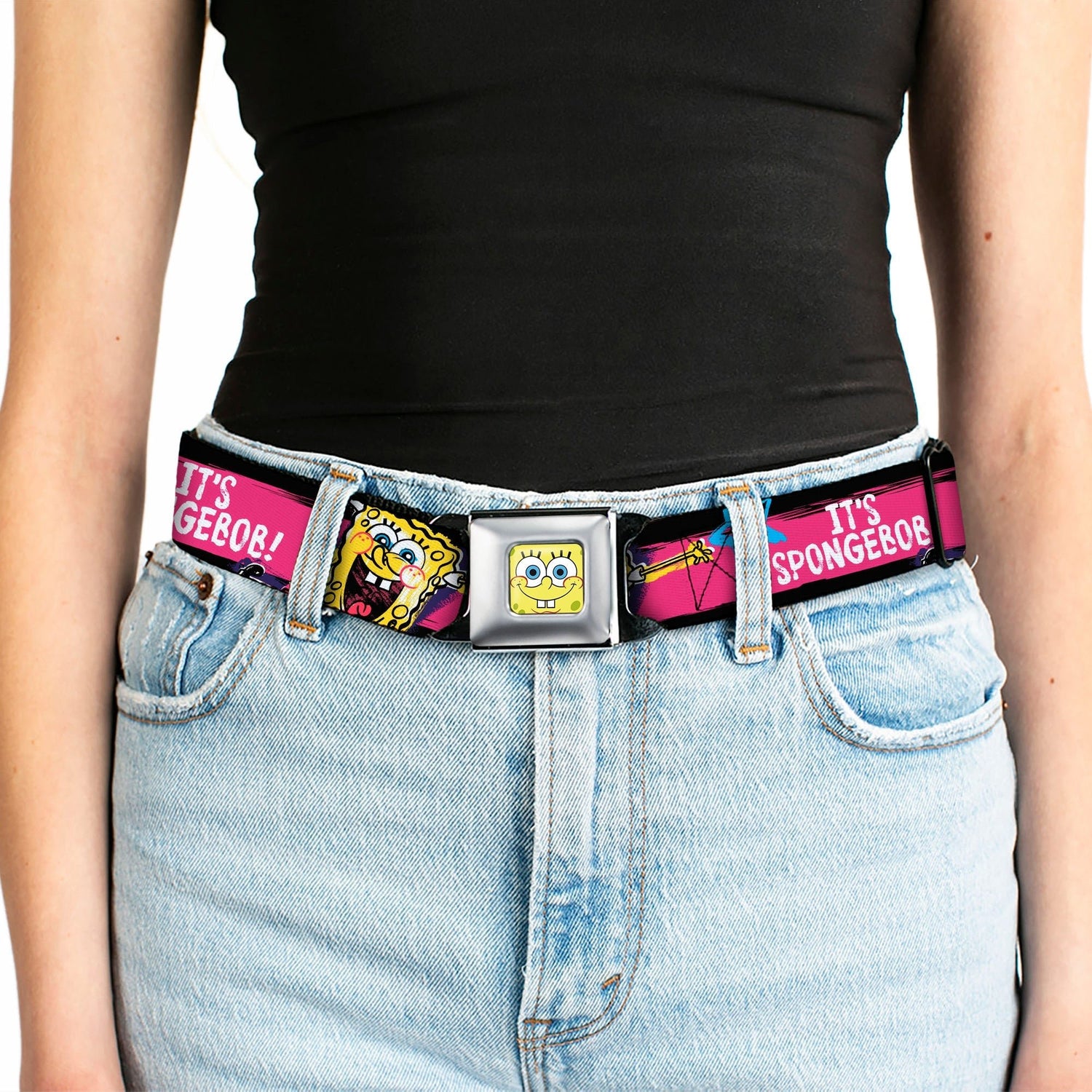 SpongeBob SquarePants Seatbelt Belt Face Close - Up Full Color Stripe Black/Pink/Blue/White - Paramount Shop