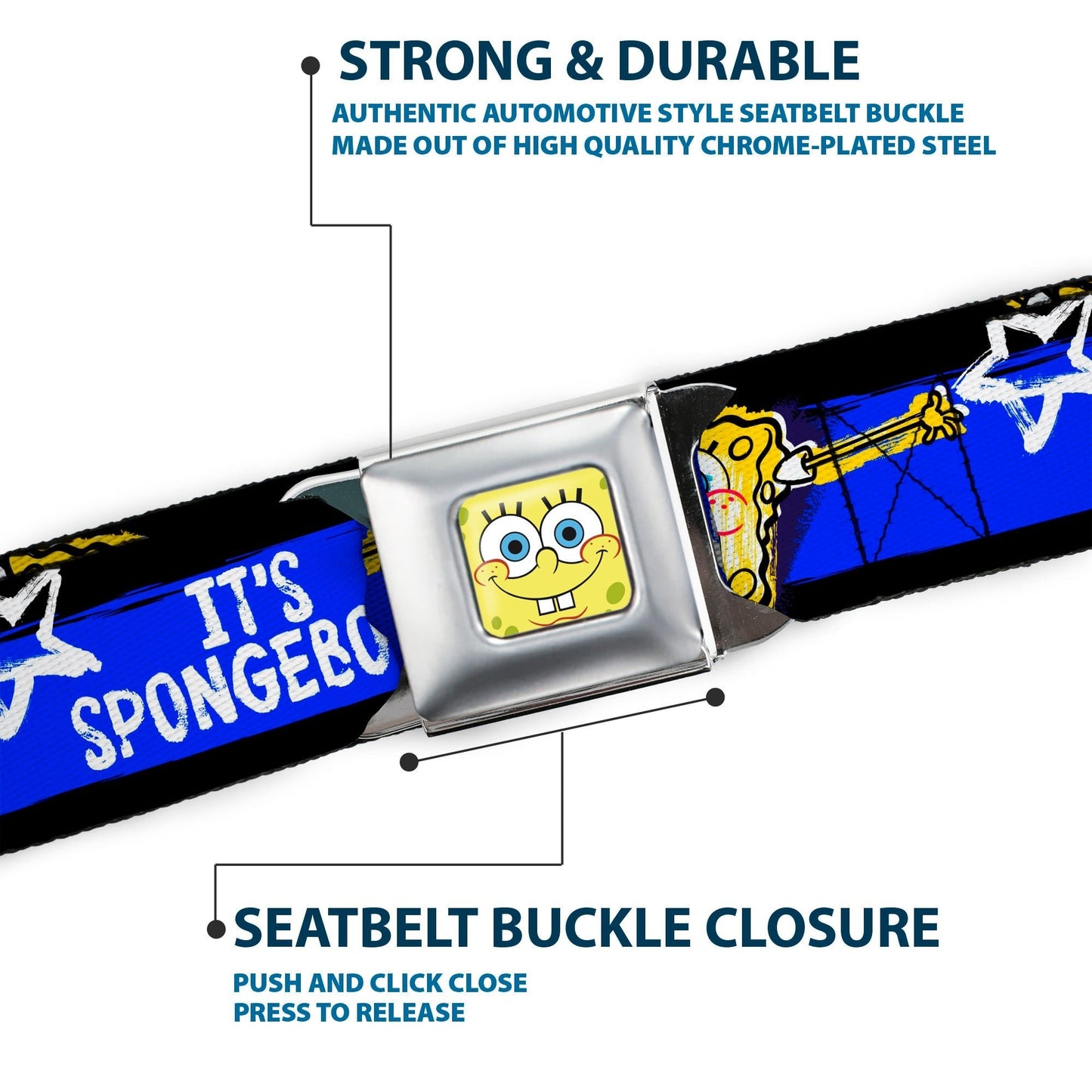 SpongeBob SquarePants Seatbelt Belt Face Close - Up Stripe Full Color Black Blue White - Paramount Shop