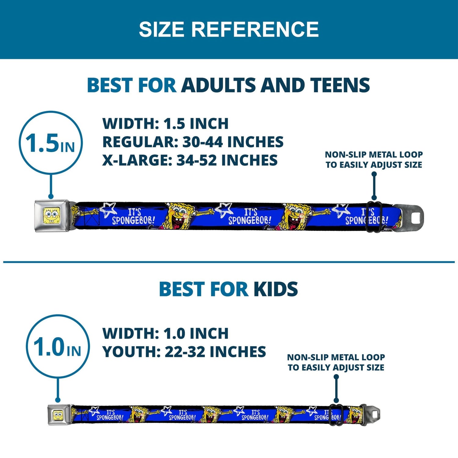 SpongeBob SquarePants Seatbelt Belt Face Close - Up Stripe Full Color Black Blue White - Paramount Shop