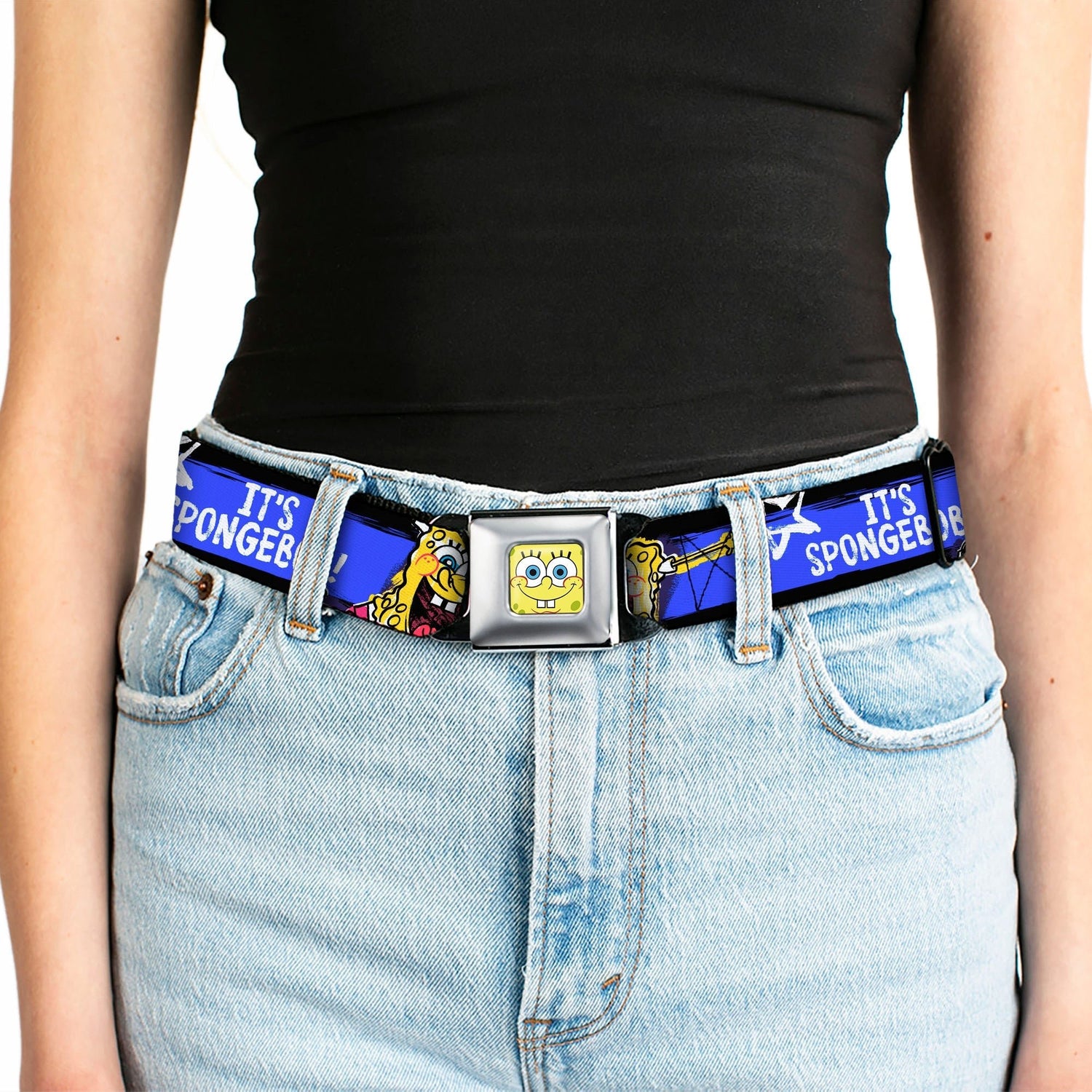 SpongeBob SquarePants Seatbelt Belt Face Close - Up Stripe Full Color Black Blue White - Paramount Shop