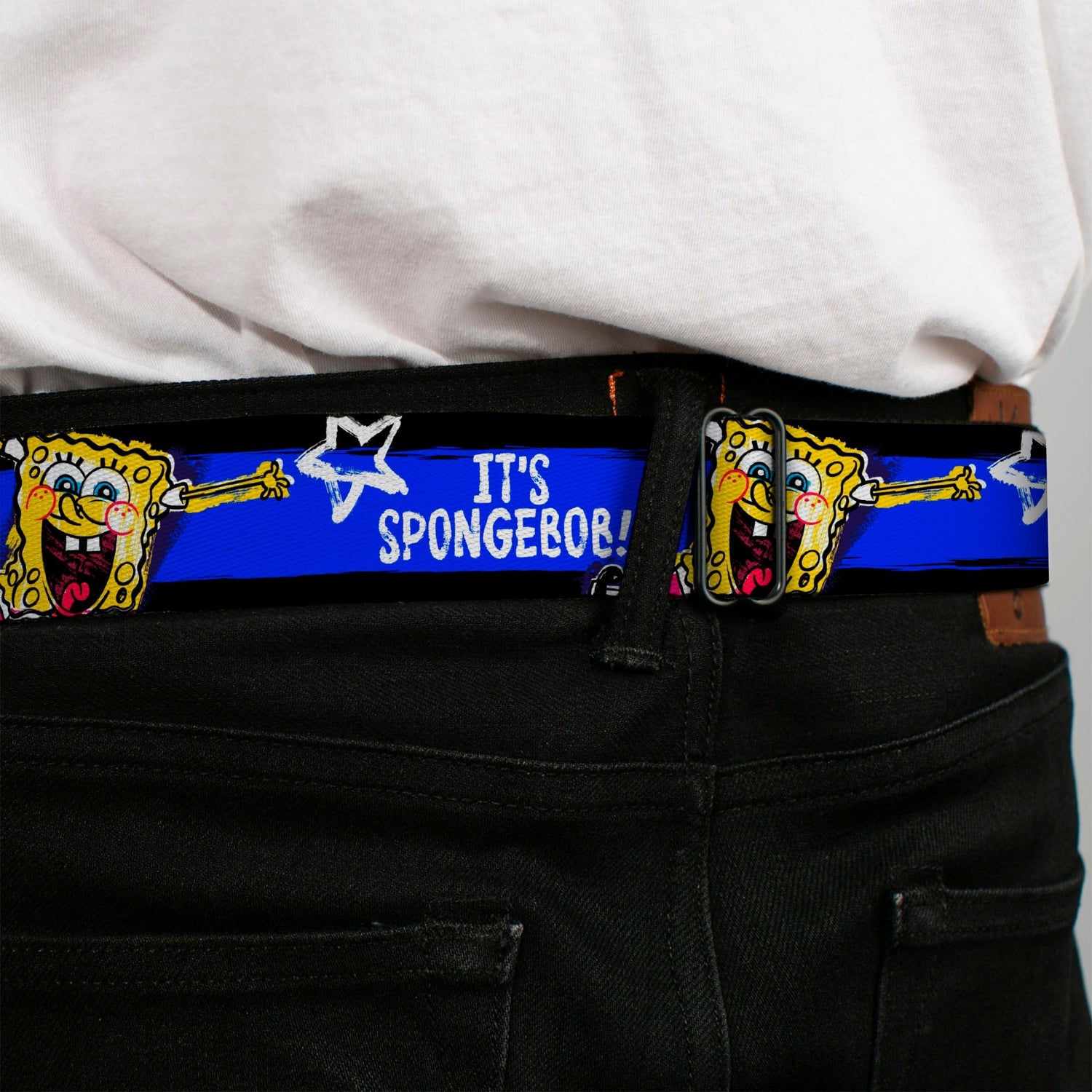 SpongeBob SquarePants Seatbelt Belt Face Close - Up Stripe Full Color Black Blue White - Paramount Shop