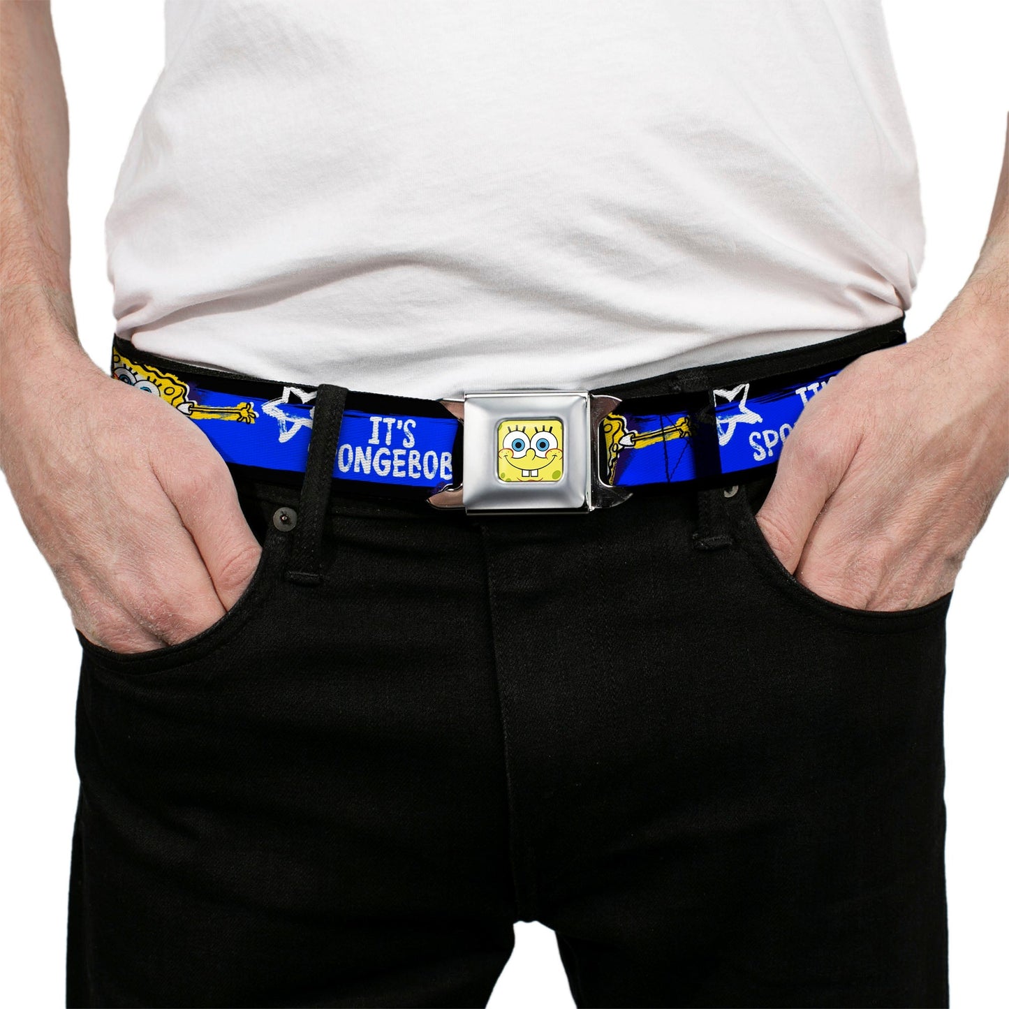 SpongeBob SquarePants Seatbelt Belt Face Close - Up Stripe Full Color Black Blue White - Paramount Shop