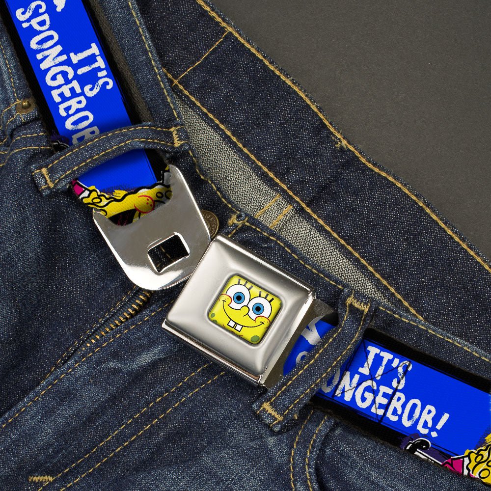 SpongeBob SquarePants Seatbelt Belt Face Close - Up Stripe Full Color Black Blue White - Paramount Shop