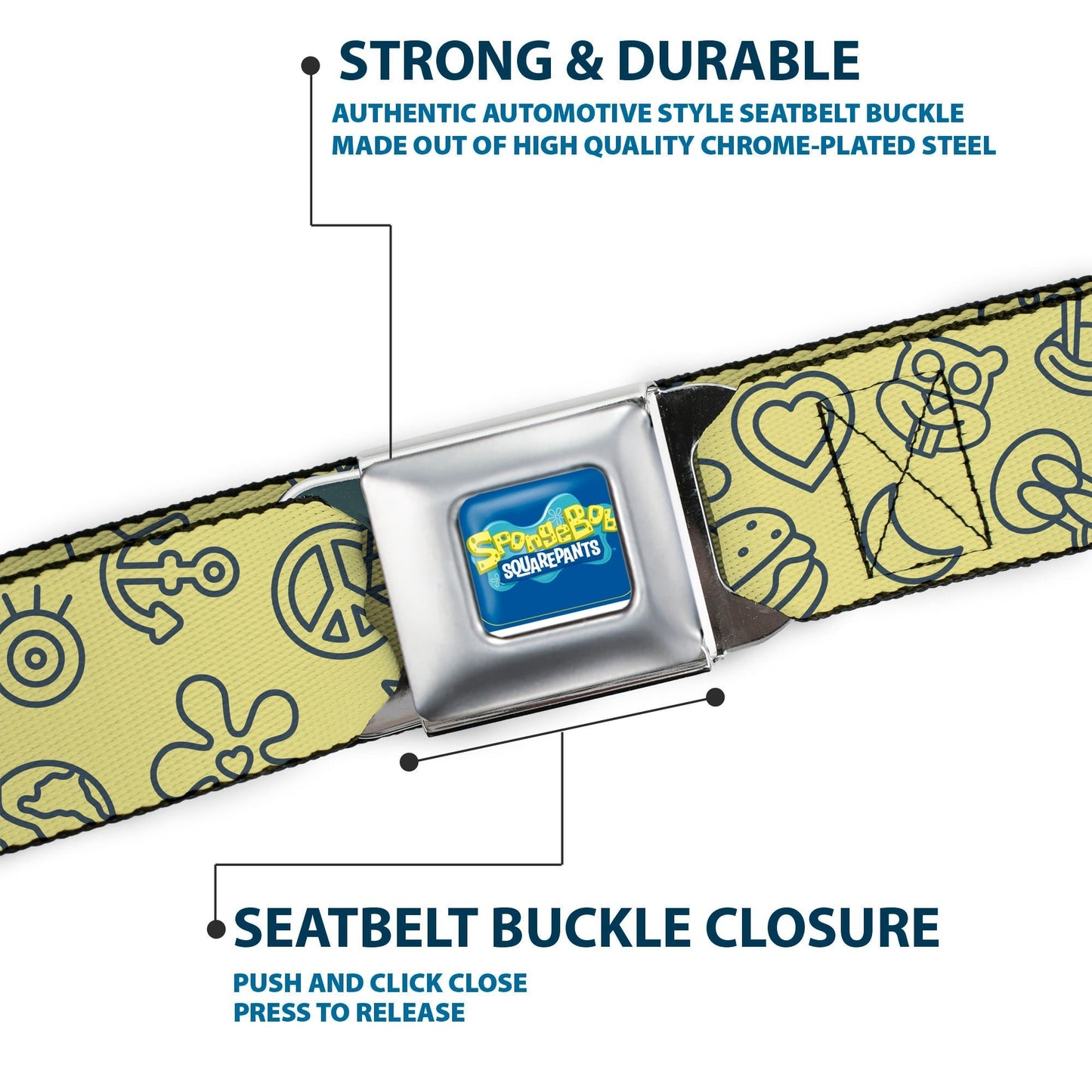 SpongeBob SquarePants Seatbelt Belt Friends Line Art Collage Yellow Gray - Paramount Shop
