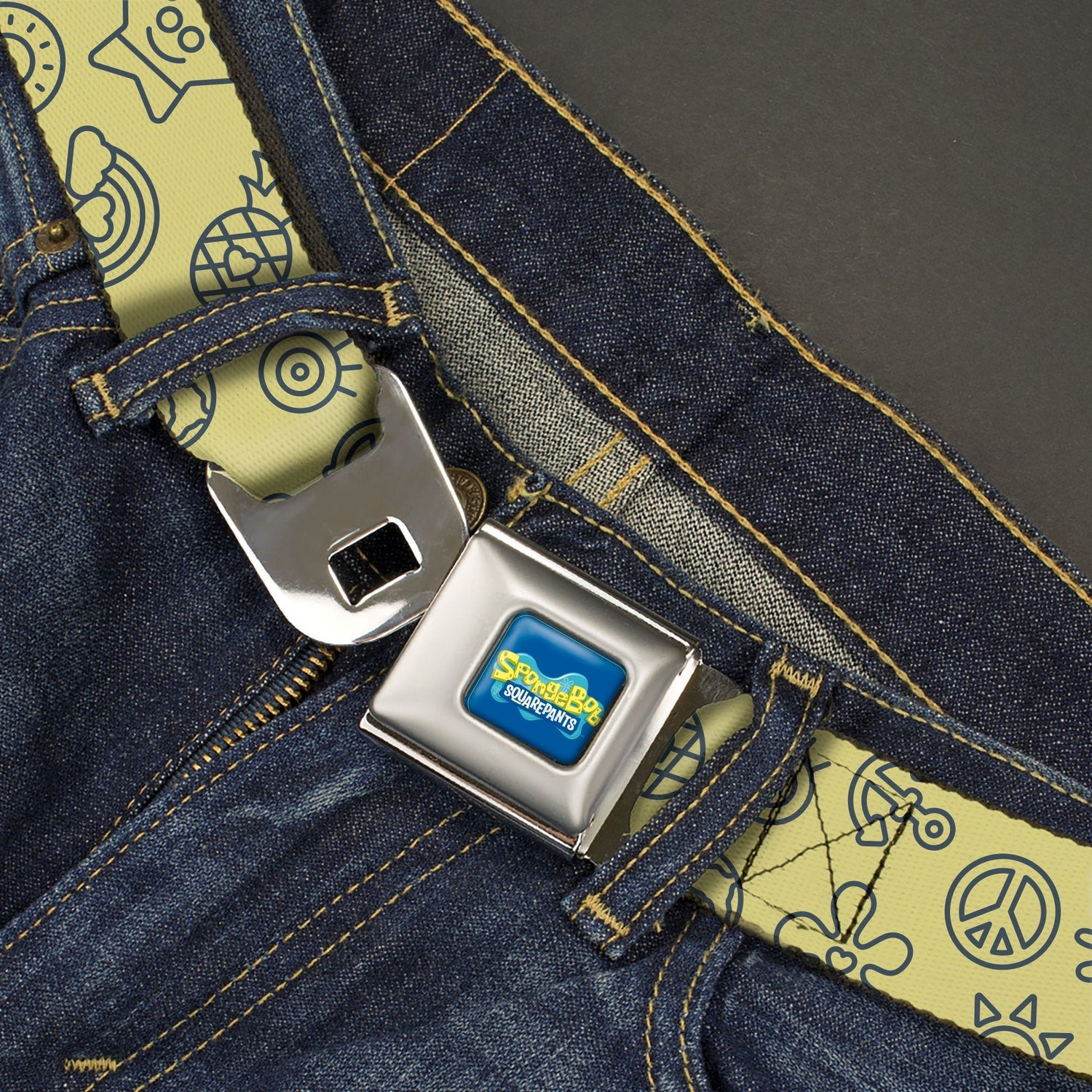 SpongeBob SquarePants Seatbelt Belt Friends Line Art Collage Yellow Gray - Paramount Shop