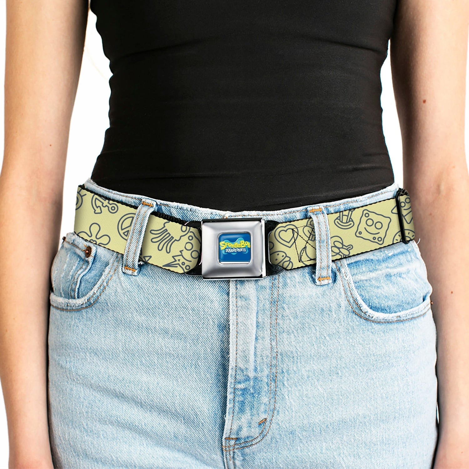 SpongeBob SquarePants Seatbelt Belt Friends Line Art Collage Yellow Gray - Paramount Shop
