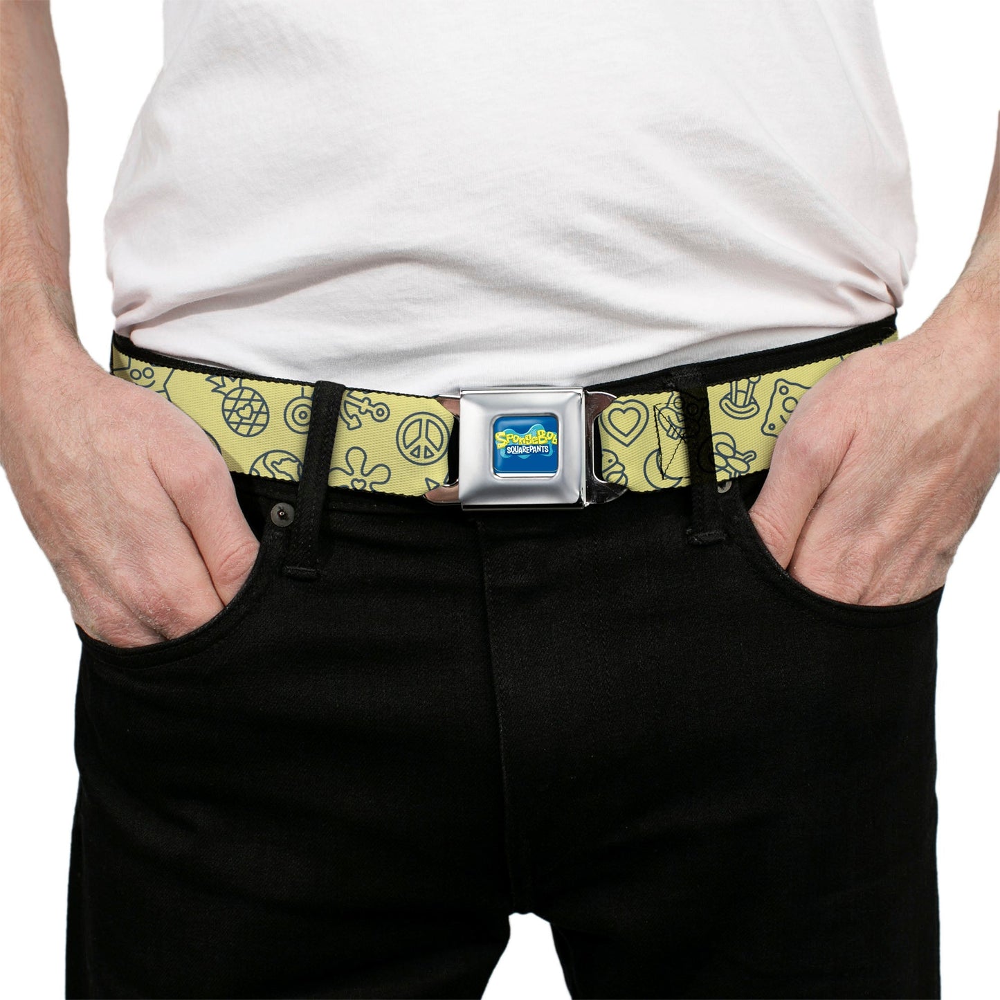 SpongeBob SquarePants Seatbelt Belt Friends Line Art Collage Yellow Gray - Paramount Shop