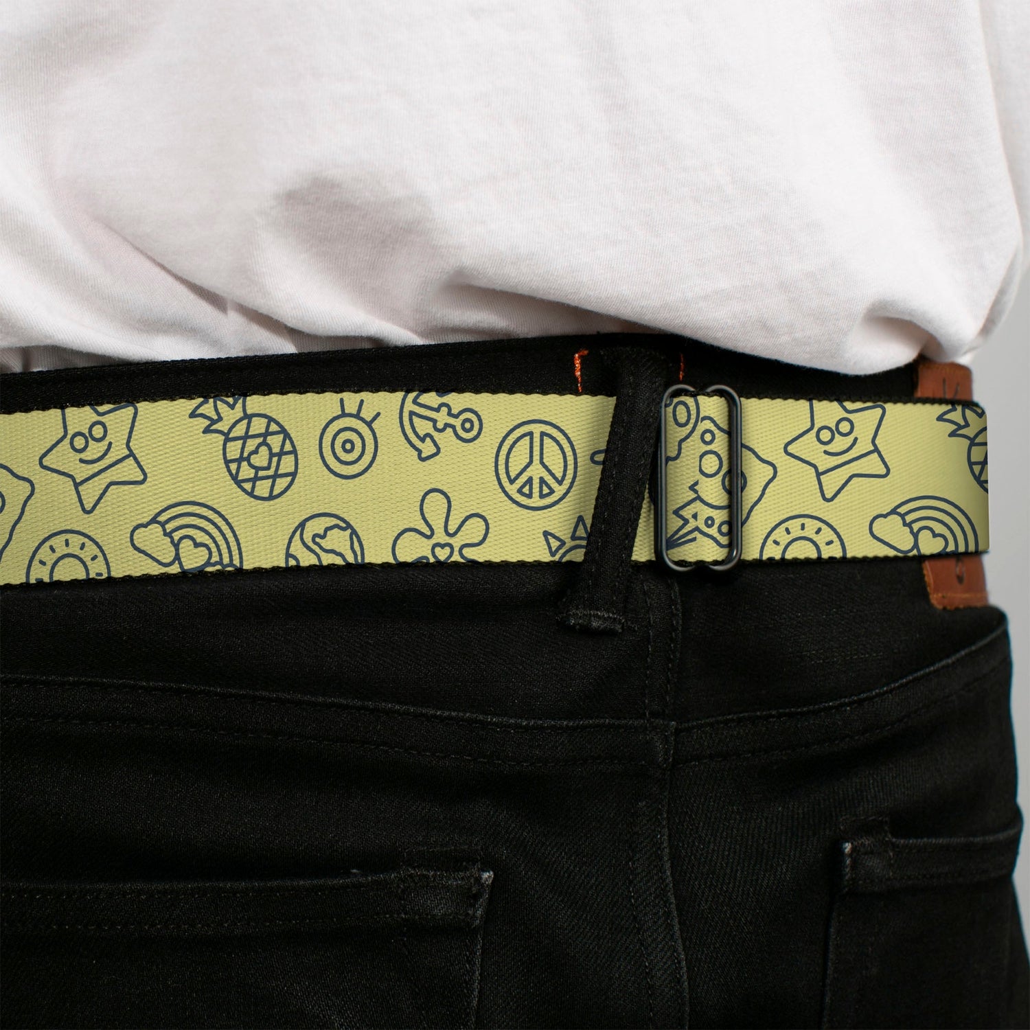SpongeBob SquarePants Seatbelt Belt Friends Line Art Collage Yellow Gray - Paramount Shop
