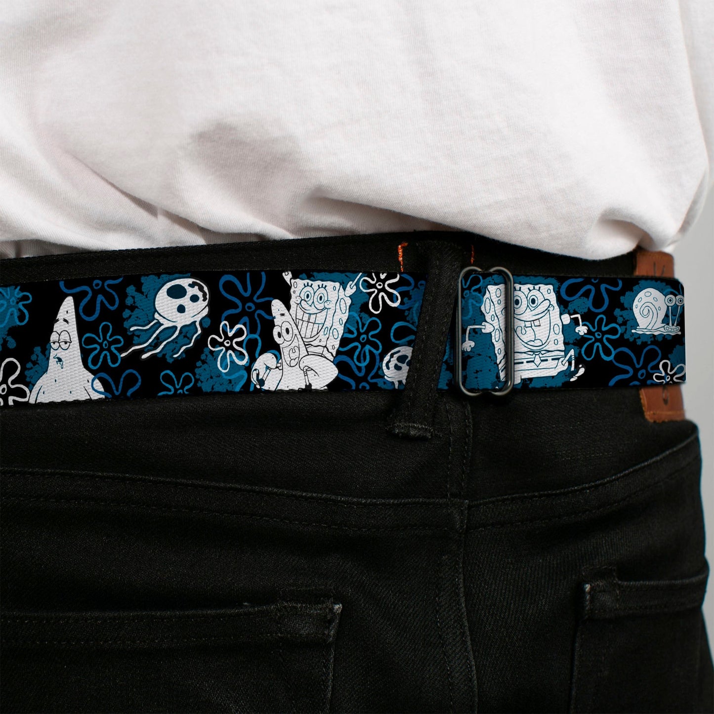 SpongeBob SquarePants Seatbelt Belt Full Color Face Close - Up with Patrick, Gary & Flowers Black Blue White Webbing - Paramount Shop