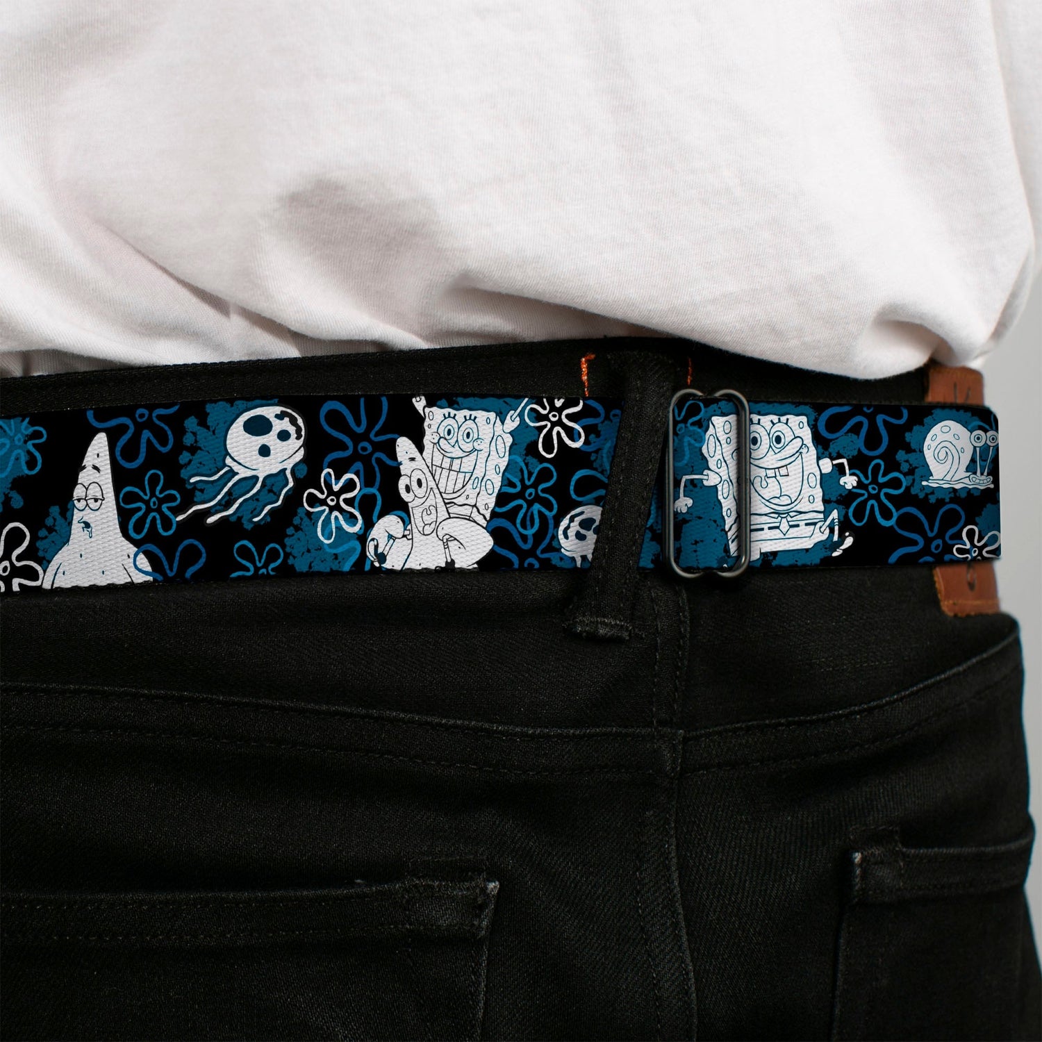 SpongeBob SquarePants Seatbelt Belt Full Color Face Close - Up with Patrick, Gary & Flowers Black Blue White Webbing - Paramount Shop
