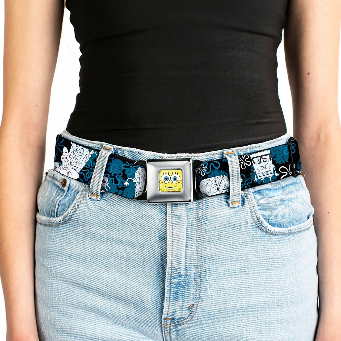 SpongeBob SquarePants Seatbelt Belt Full Color Face Close - Up with Patrick, Gary & Flowers Black Blue White Webbing - Paramount Shop