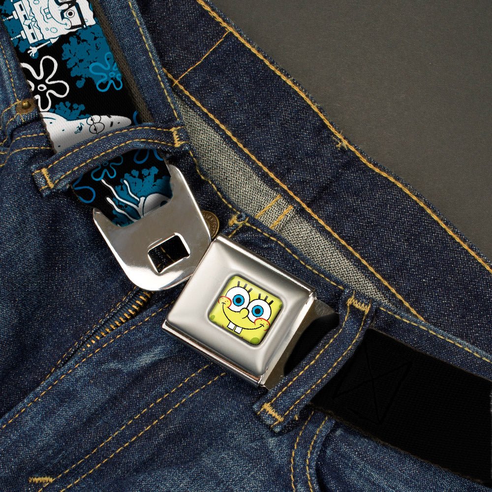 SpongeBob SquarePants Seatbelt Belt Full Color Face Close - Up with Patrick, Gary & Flowers Black Blue White Webbing - Paramount Shop