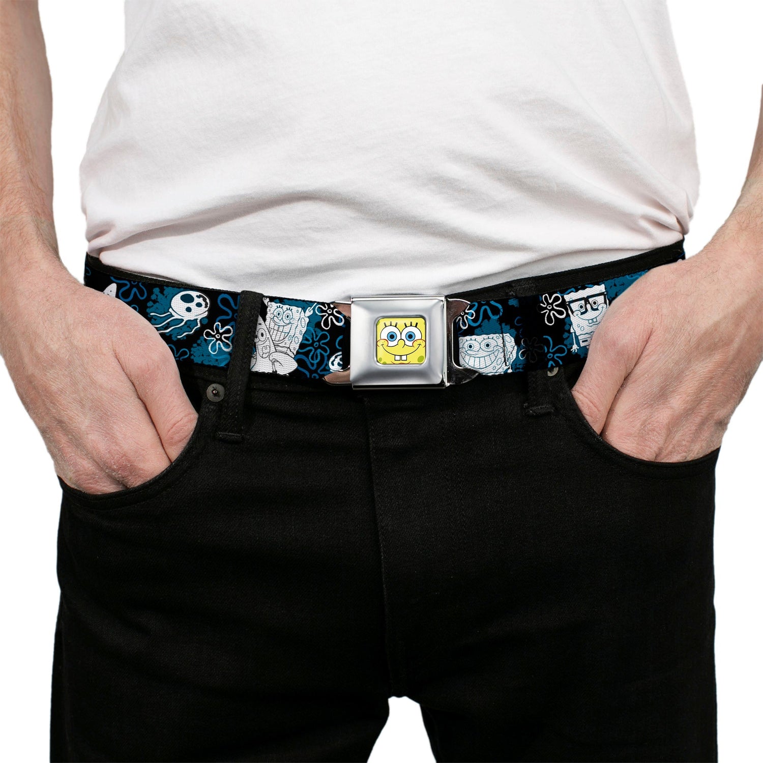 SpongeBob SquarePants Seatbelt Belt Full Color Face Close - Up with Patrick, Gary & Flowers Black Blue White Webbing - Paramount Shop