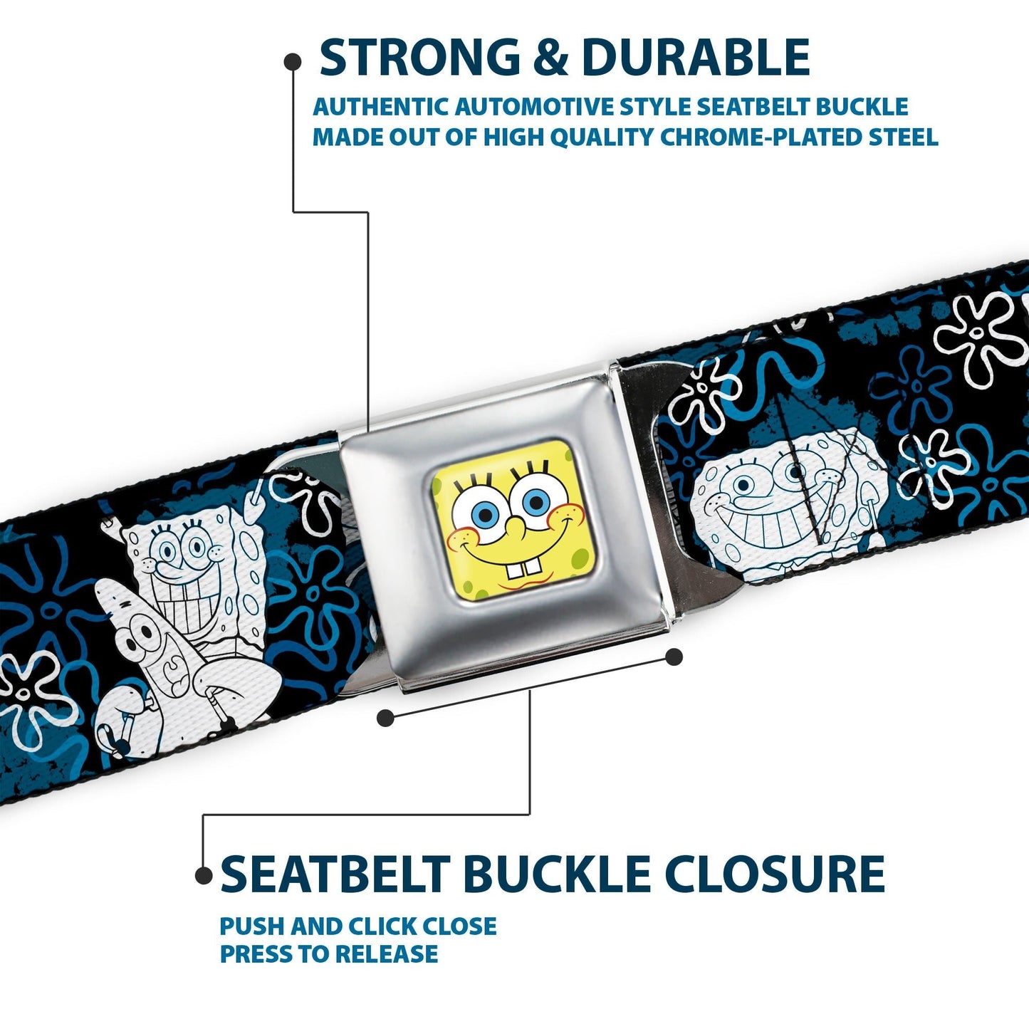 SpongeBob SquarePants Seatbelt Belt Full Color Face Close - Up with Patrick, Gary & Flowers Black Blue White Webbing - Paramount Shop