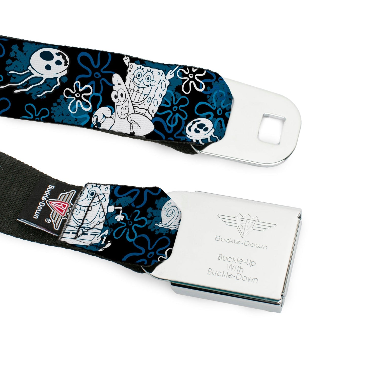 SpongeBob SquarePants Seatbelt Belt Full Color Face Close - Up with Patrick, Gary & Flowers Black Blue White Webbing - Paramount Shop
