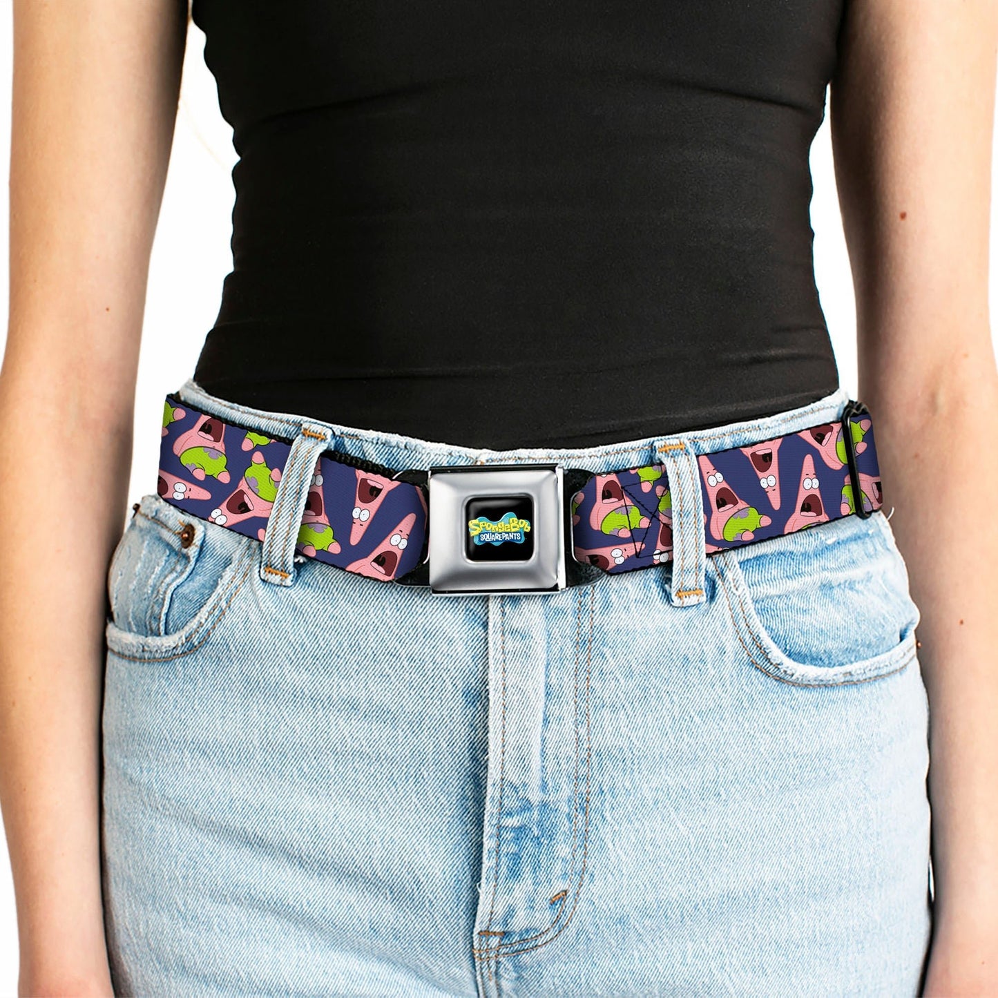 SpongeBob SquarePants Seatbelt Belt Full Color Patrick Starfish Purple Webbing Black - Paramount Shop