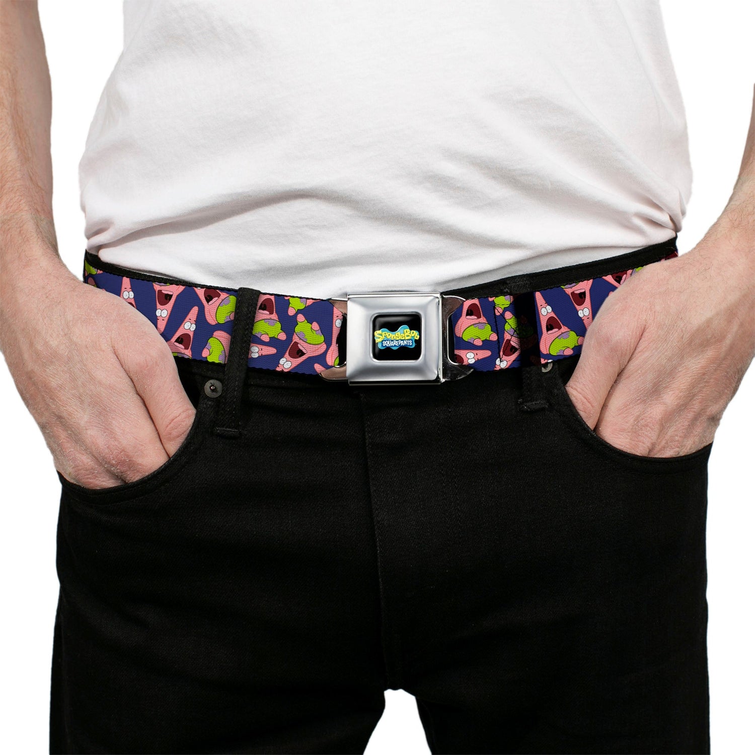 SpongeBob SquarePants Seatbelt Belt Full Color Patrick Starfish Purple Webbing Black - Paramount Shop