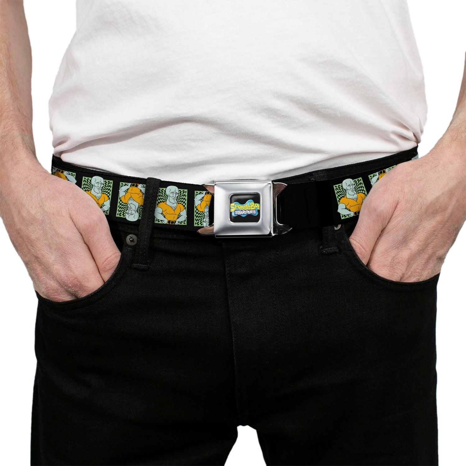 SpongeBob SquarePants Seatbelt Belt Handsome Squidward Pose Blocks Flip Black Green Webbing - Paramount Shop