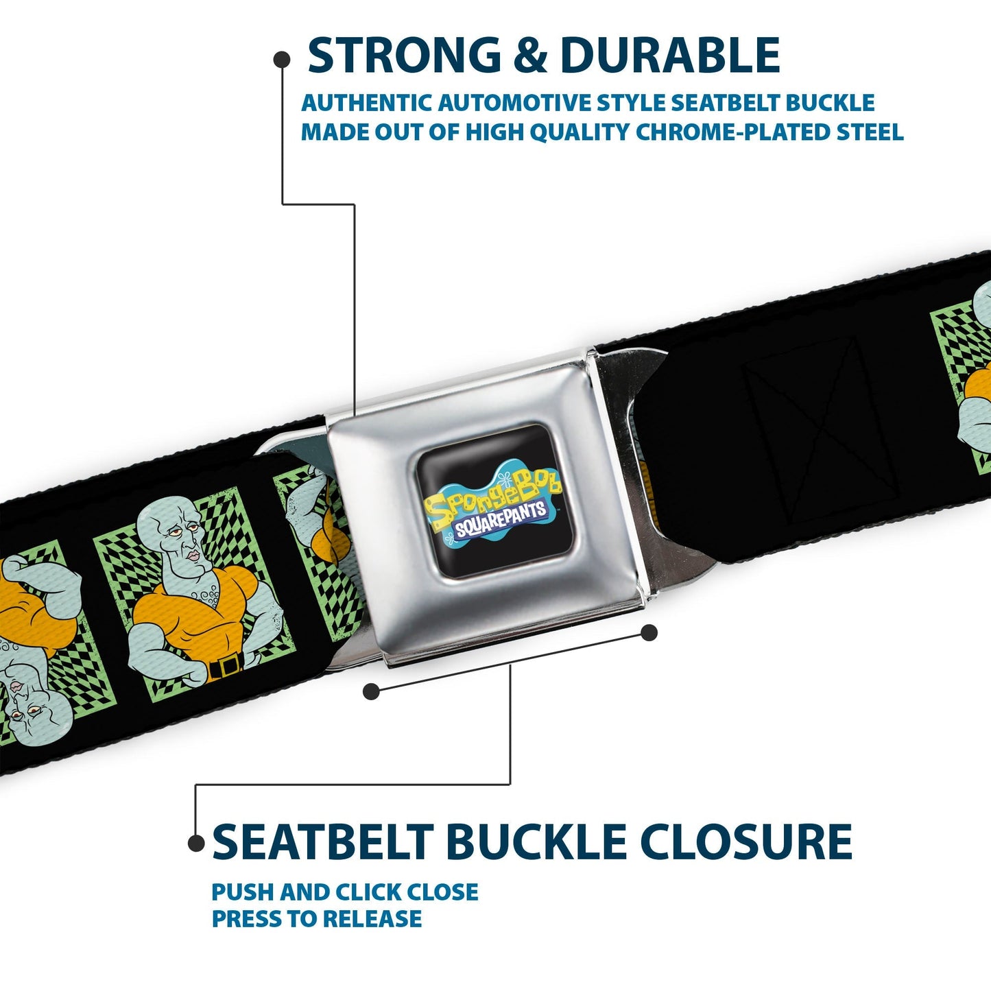 SpongeBob SquarePants Seatbelt Belt Handsome Squidward Pose Blocks Flip Black Green Webbing - Paramount Shop