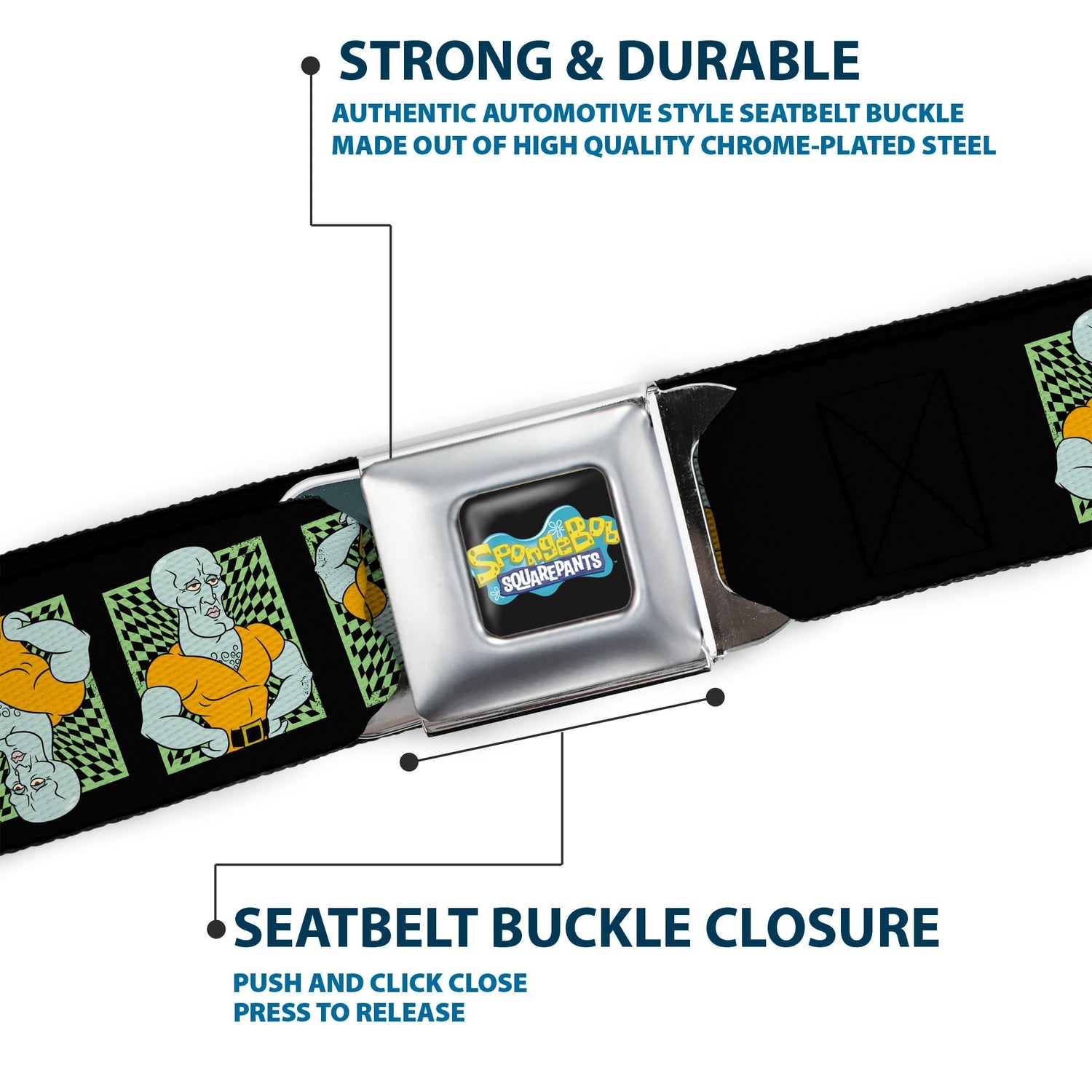SpongeBob SquarePants Seatbelt Belt Handsome Squidward Pose Blocks Flip Black Green Webbing - Paramount Shop