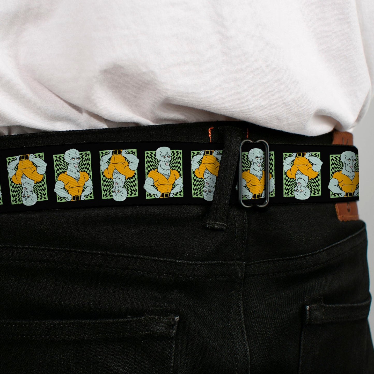 SpongeBob SquarePants Seatbelt Belt Handsome Squidward Pose Blocks Flip Black Green Webbing - Paramount Shop