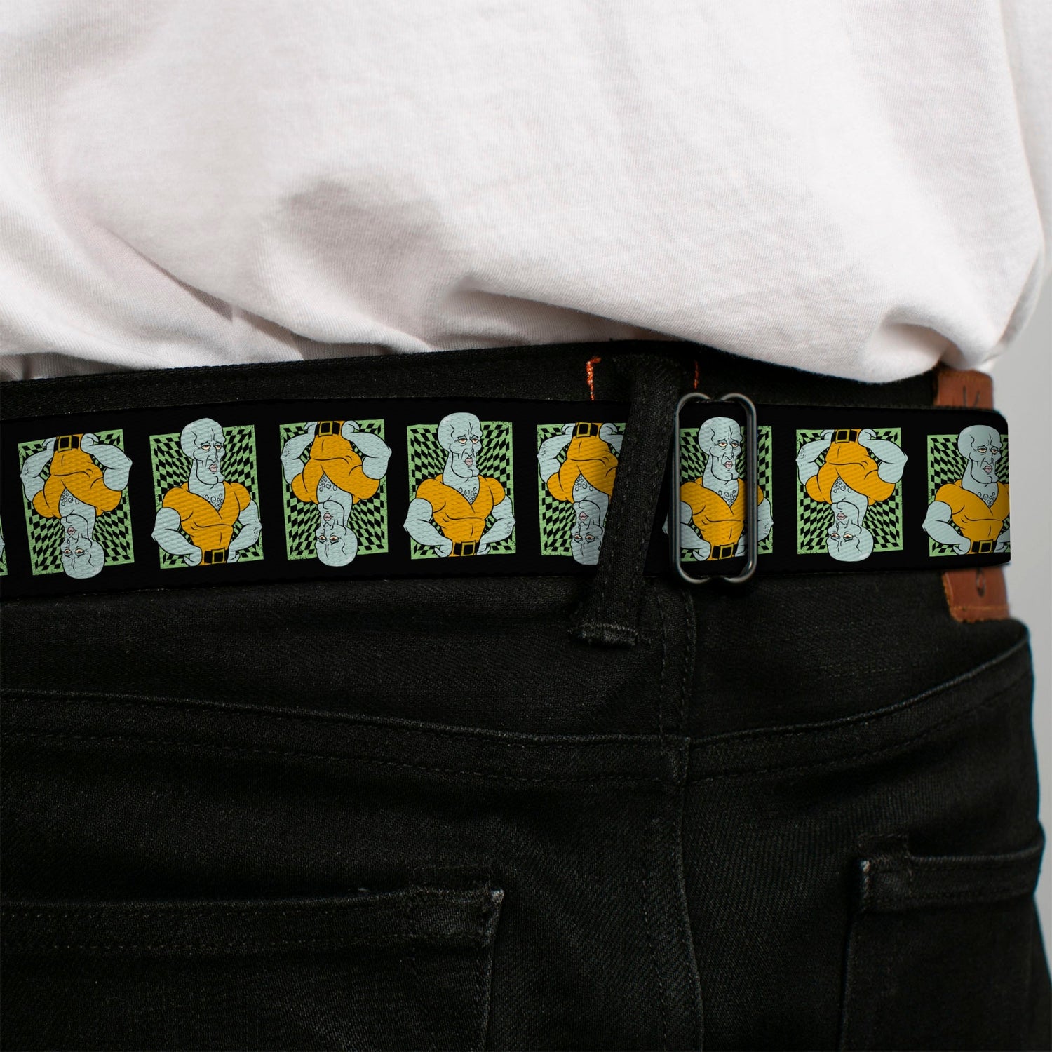 SpongeBob SquarePants Seatbelt Belt Handsome Squidward Pose Blocks Flip Black Green Webbing - Paramount Shop
