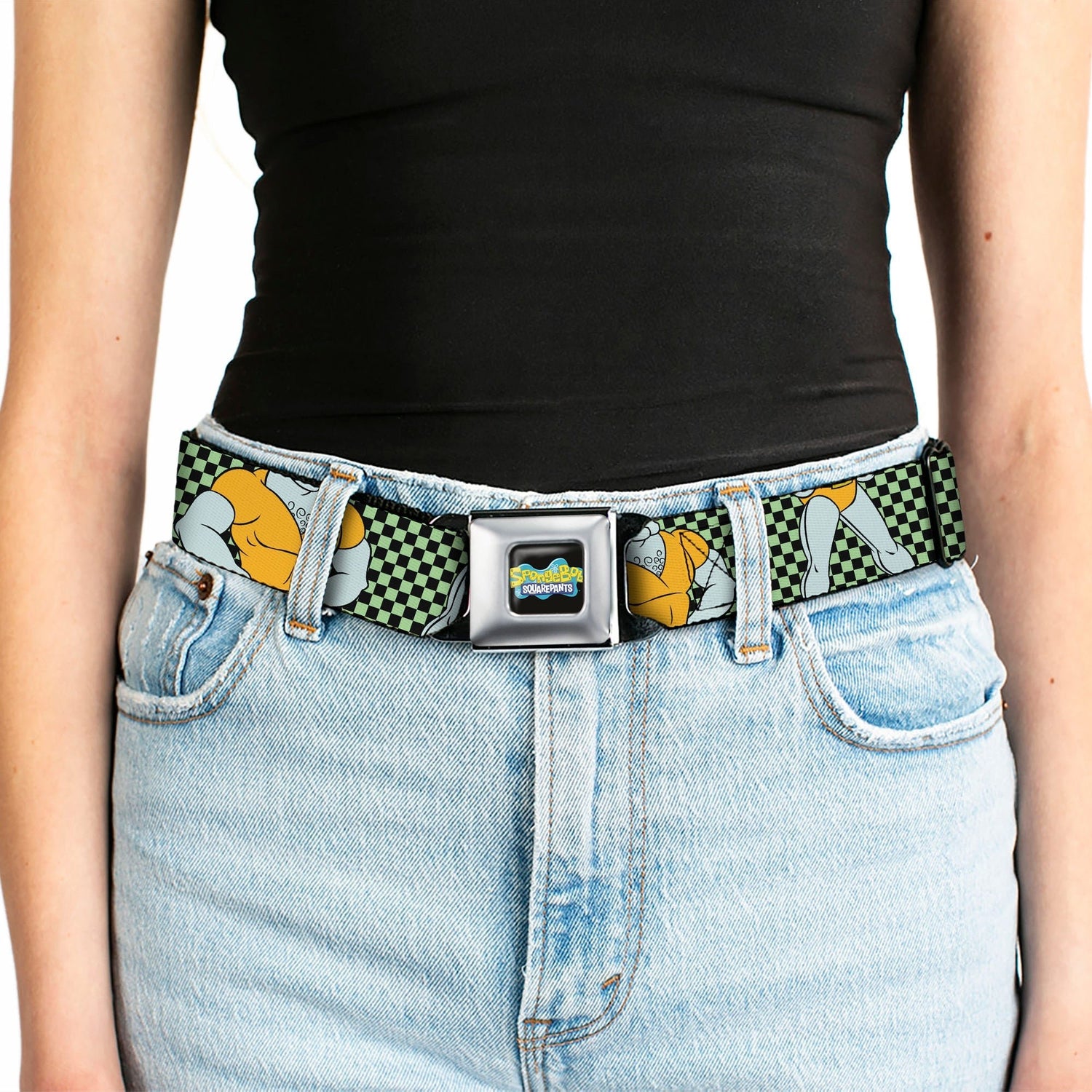 SpongeBob SquarePants Seatbelt Belt Handsome Squidward Pose Checker Full Color Black Green - Paramount Shop