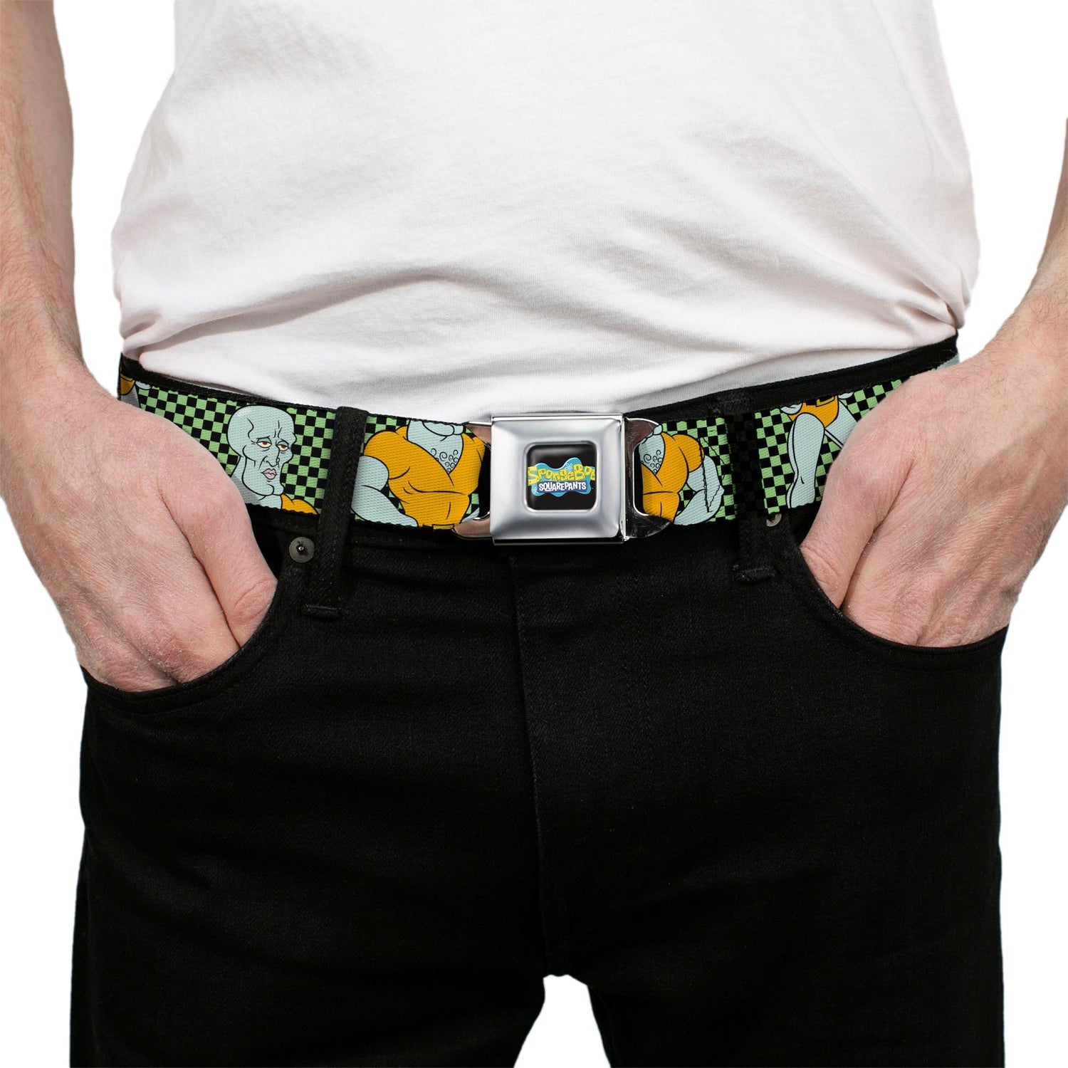 SpongeBob SquarePants Seatbelt Belt Handsome Squidward Pose Checker Full Color Black Green - Paramount Shop
