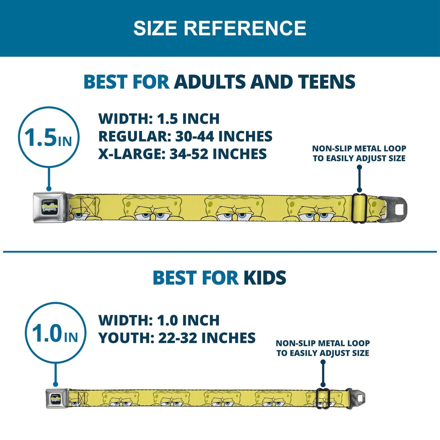 SpongeBob SquarePants Seatbelt Belt Logo Close - Up Face Yellow Webbing Black Blues - Paramount Shop