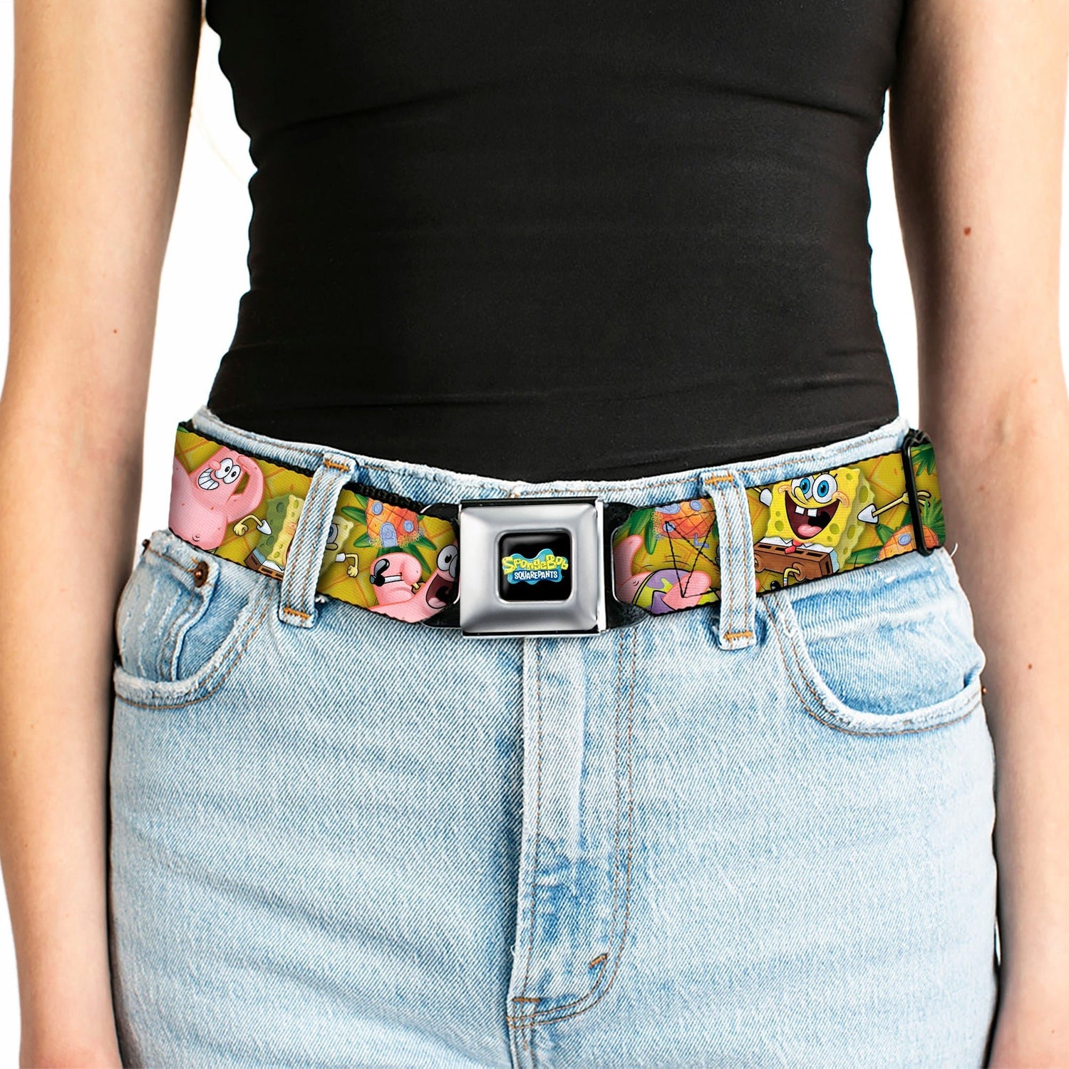SpongeBob SquarePants Seatbelt Belt Logo Design with SpongeBob & Patrick Poses Gold Webbing Black - Paramount Shop