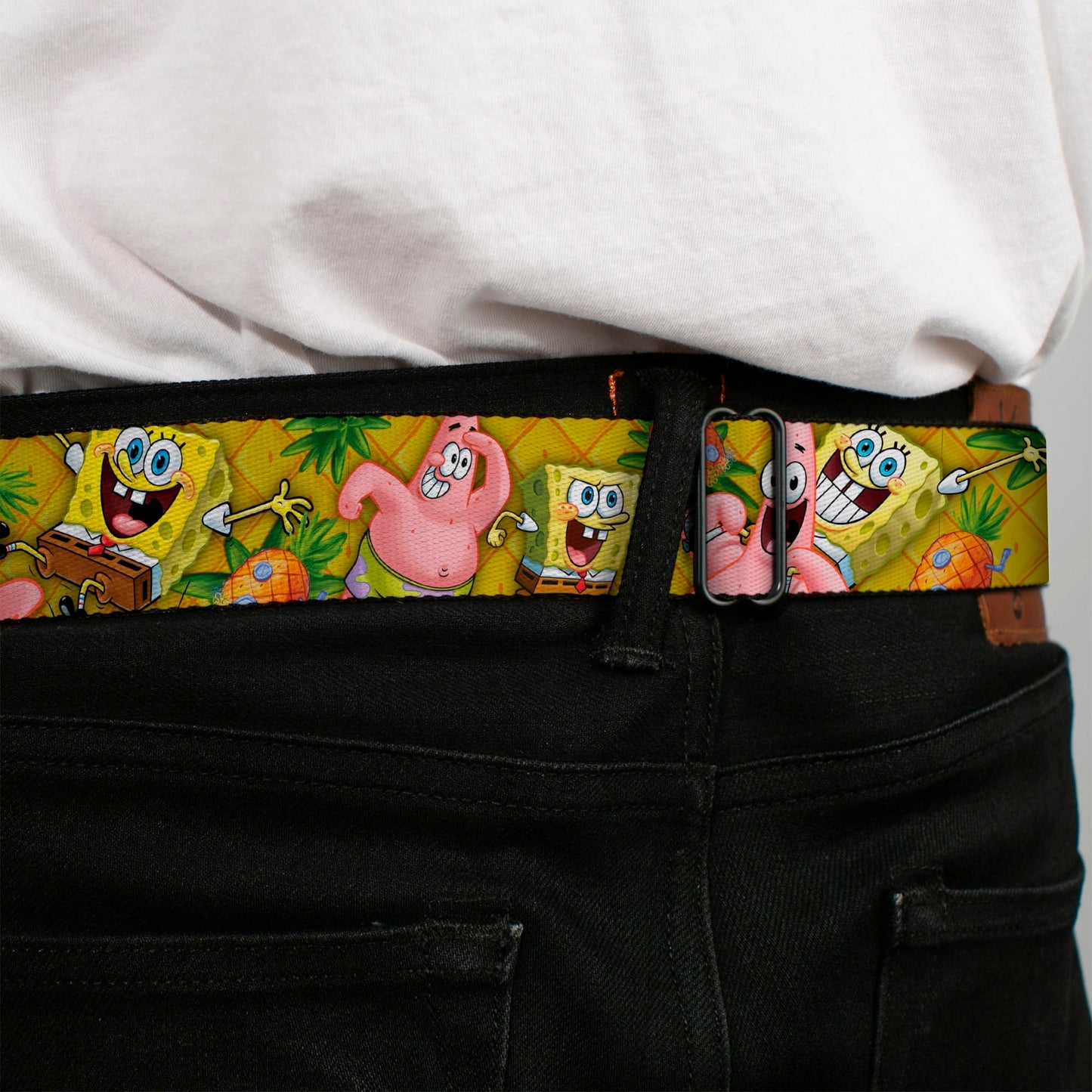 SpongeBob SquarePants Seatbelt Belt Logo Design with SpongeBob & Patrick Poses Gold Webbing Black - Paramount Shop