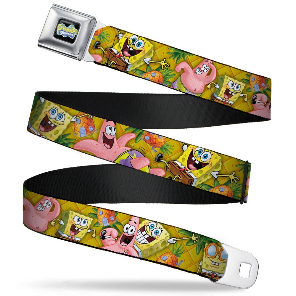 SpongeBob SquarePants Seatbelt Belt Logo Design with SpongeBob & Patrick Poses Gold Webbing Black - Paramount Shop