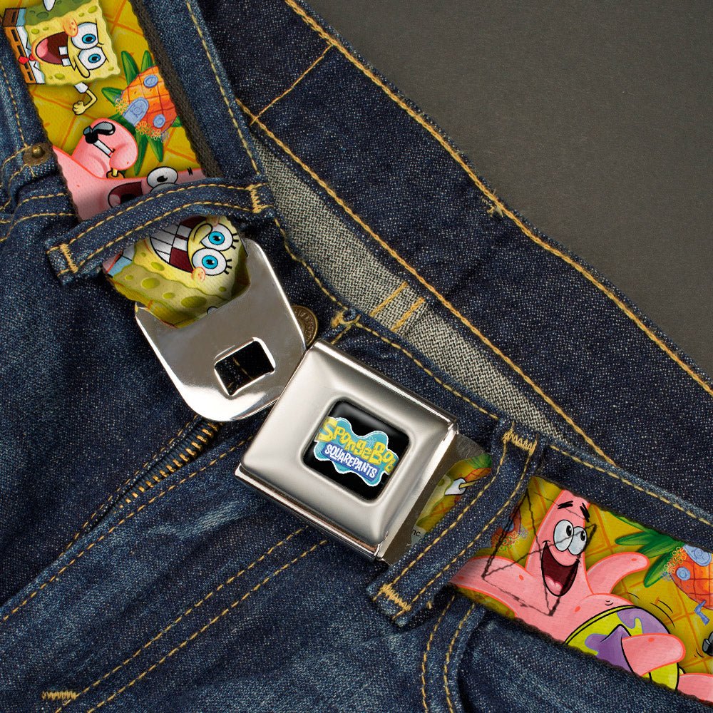 SpongeBob SquarePants Seatbelt Belt Logo Design with SpongeBob & Patrick Poses Gold Webbing Black - Paramount Shop