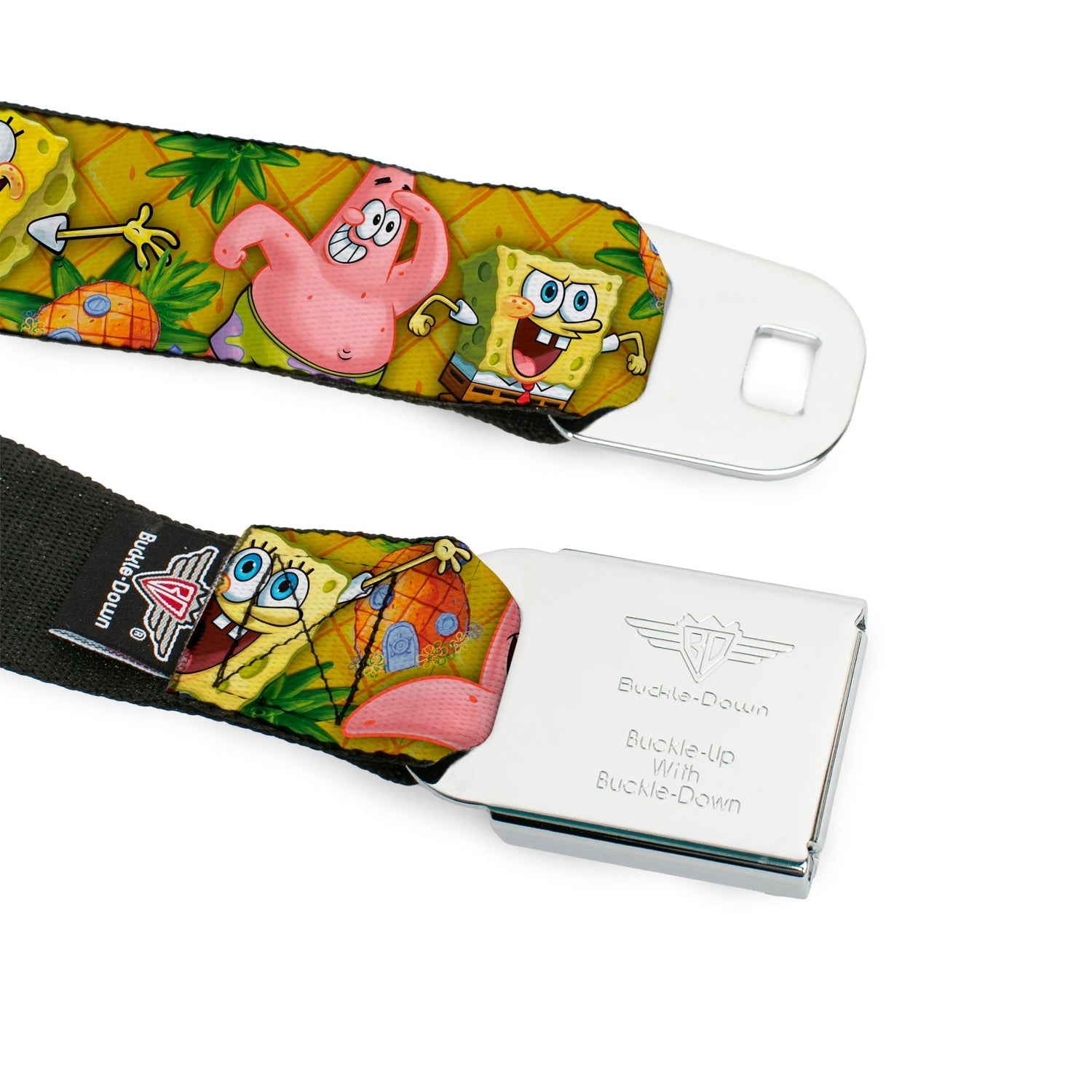 SpongeBob SquarePants Seatbelt Belt Logo Design with SpongeBob & Patrick Poses Gold Webbing Black - Paramount Shop