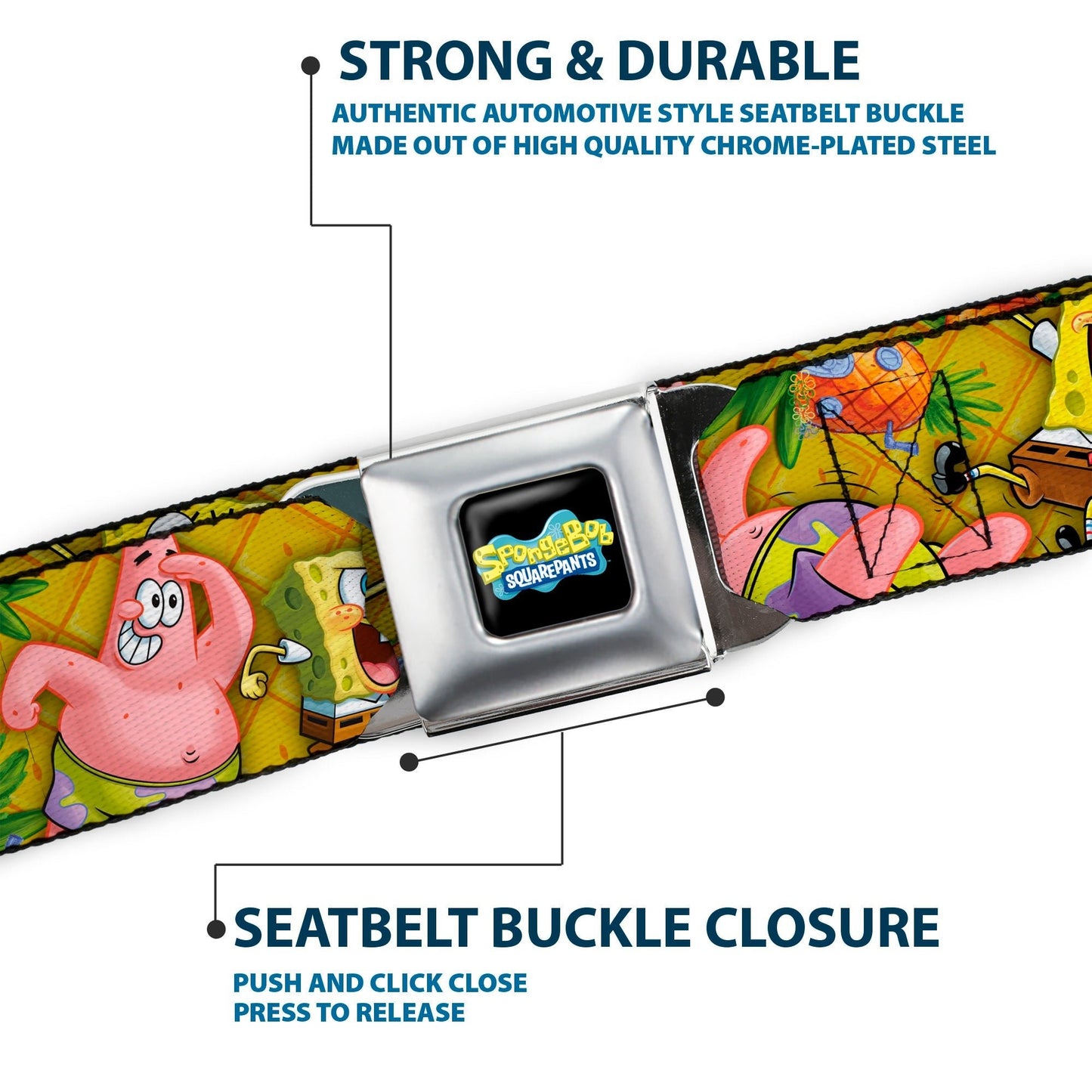 SpongeBob SquarePants Seatbelt Belt Logo Design with SpongeBob & Patrick Poses Gold Webbing Black - Paramount Shop