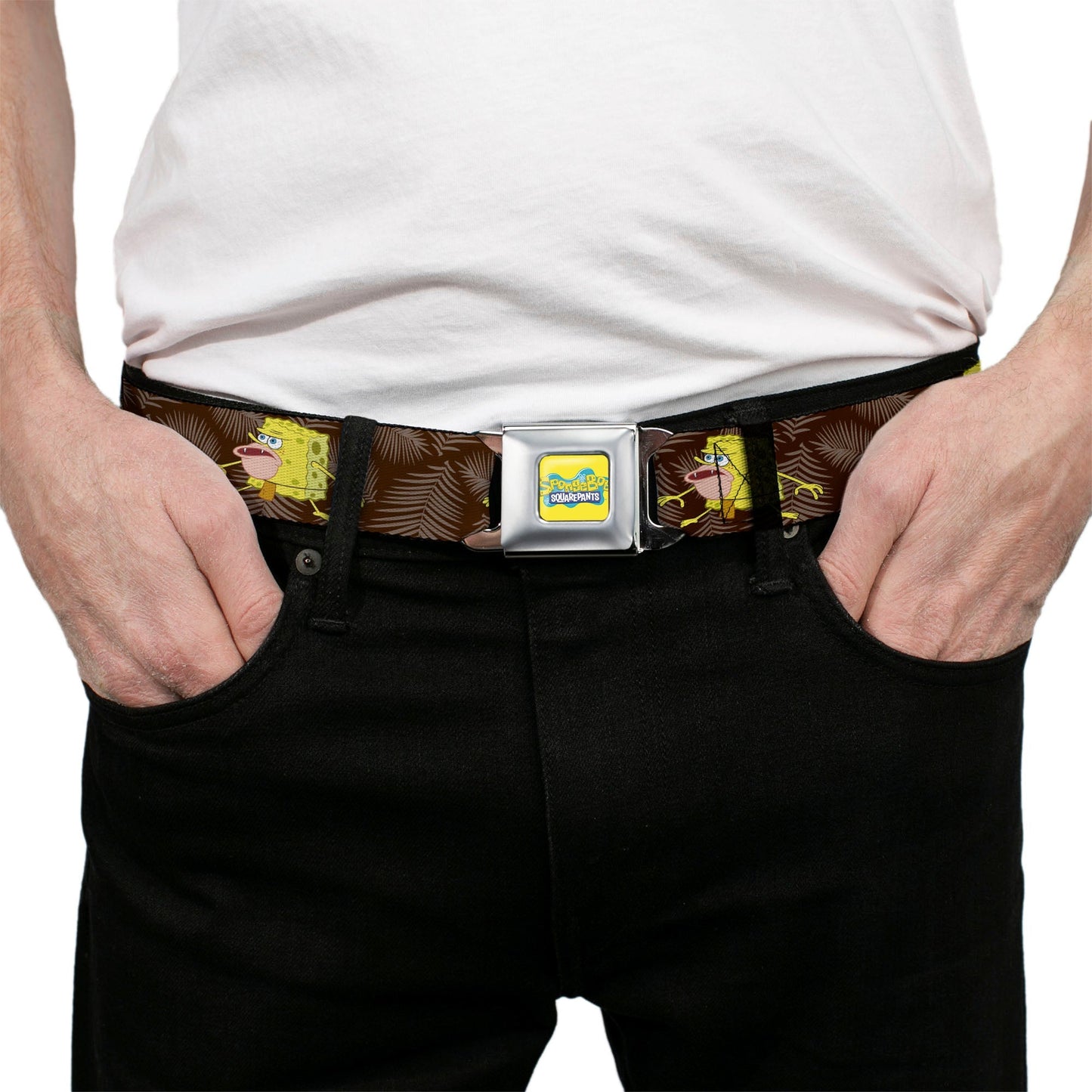 SpongeBob SquarePants Seatbelt Belt Logo Full Color Primitive Pose Black Gray Webbing - Paramount Shop