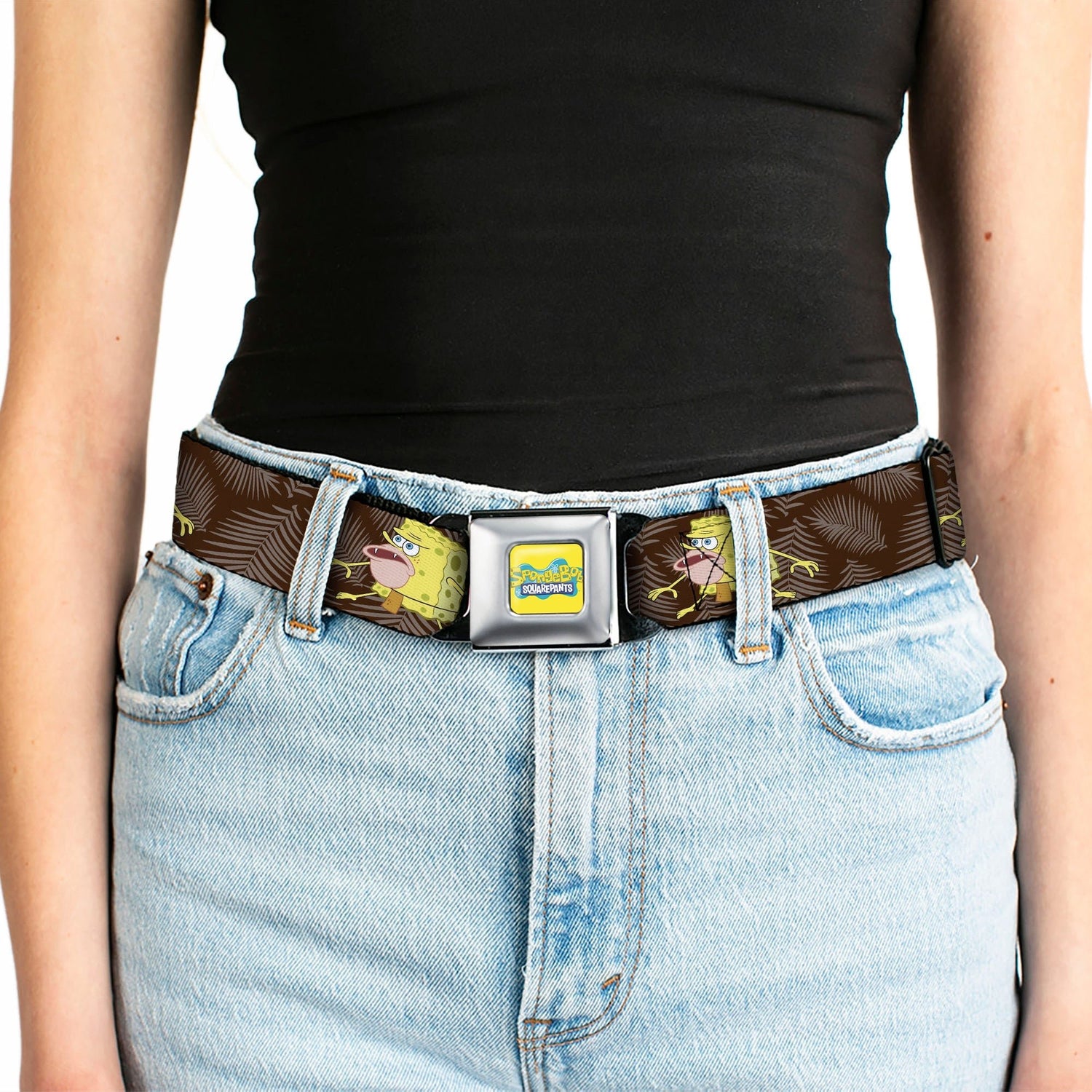 SpongeBob SquarePants Seatbelt Belt Logo Full Color Primitive Pose Black Gray Webbing - Paramount Shop