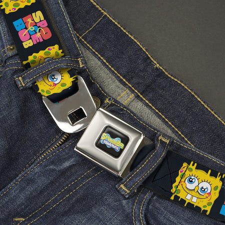 SpongeBob SquarePants Seatbelt Belt Logo Full Color Text Block and Smiling Face Buckle - Down Black/Multi Color - Paramount Shop
