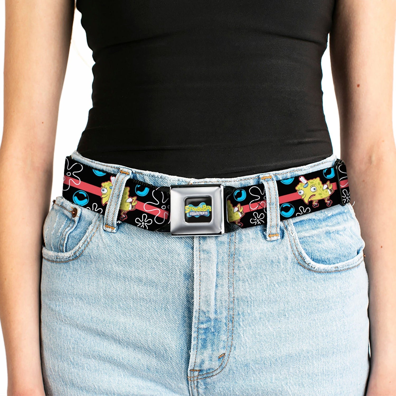 SpongeBob SquarePants Seatbelt Belt Mocking Pose Bubbles Stripe Full Color Black Blue Red - Paramount Shop