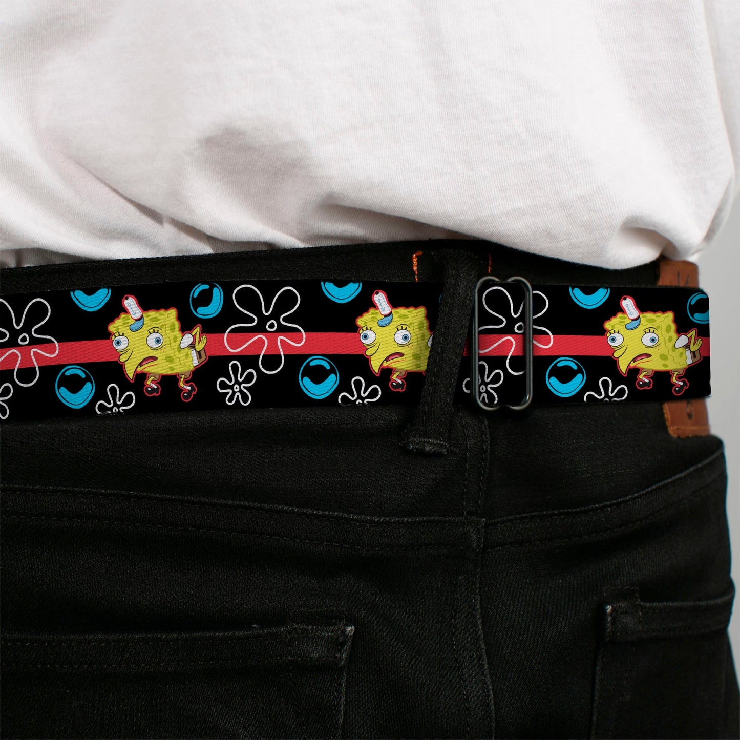 SpongeBob SquarePants Seatbelt Belt Mocking Pose Bubbles Stripe Full Color Black Blue Red - Paramount Shop