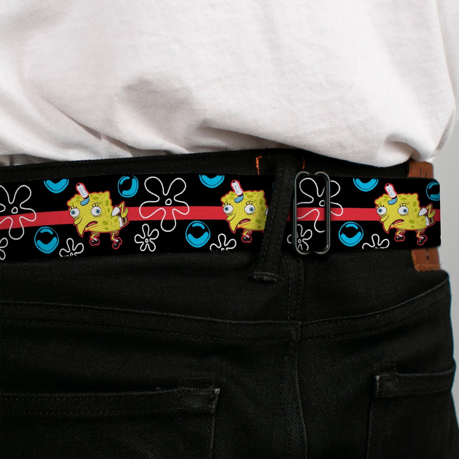 SpongeBob SquarePants Seatbelt Belt Mocking Pose Bubbles Stripe Full Color Black Blue Red - Paramount Shop