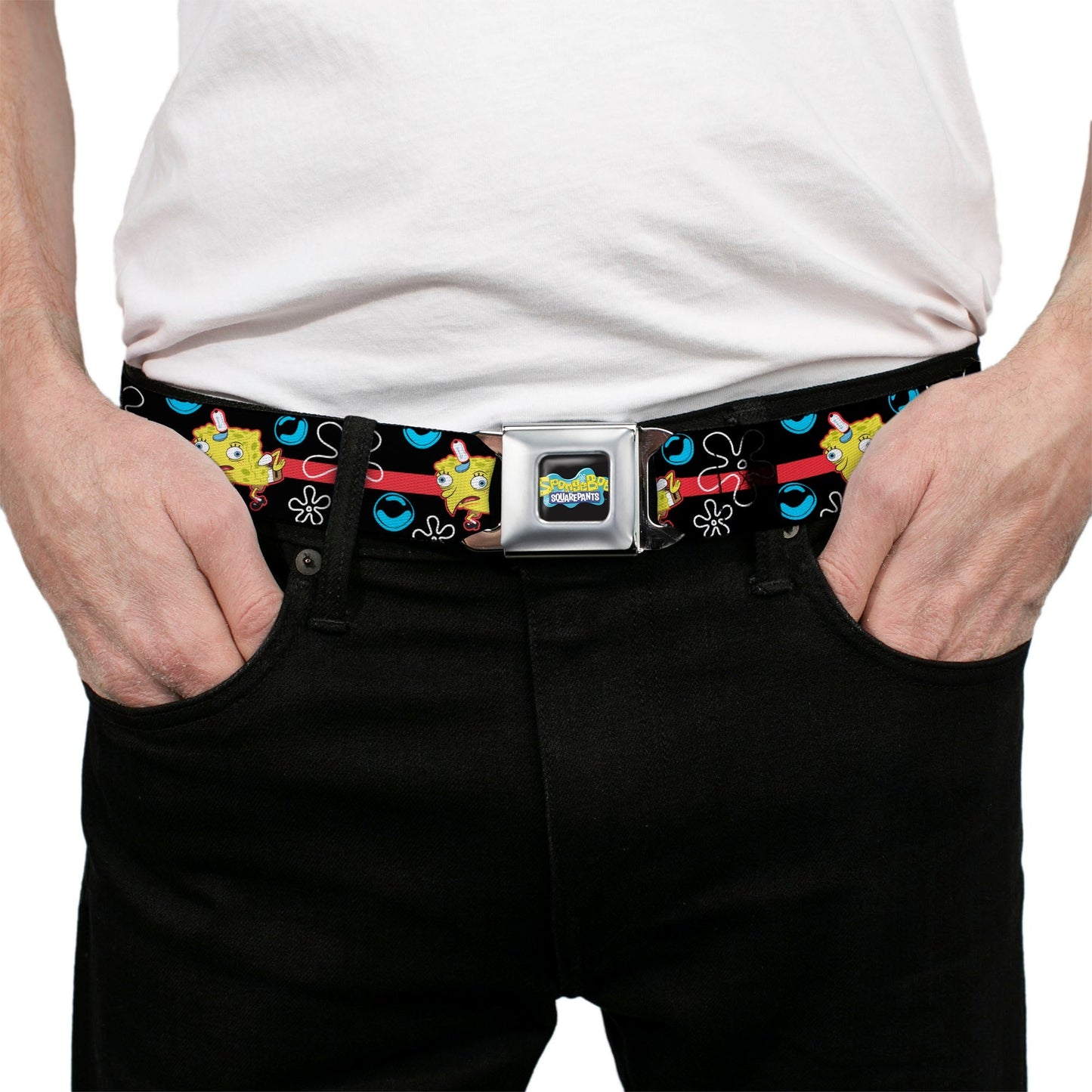 SpongeBob SquarePants Seatbelt Belt Mocking Pose Bubbles Stripe Full Color Black Blue Red - Paramount Shop