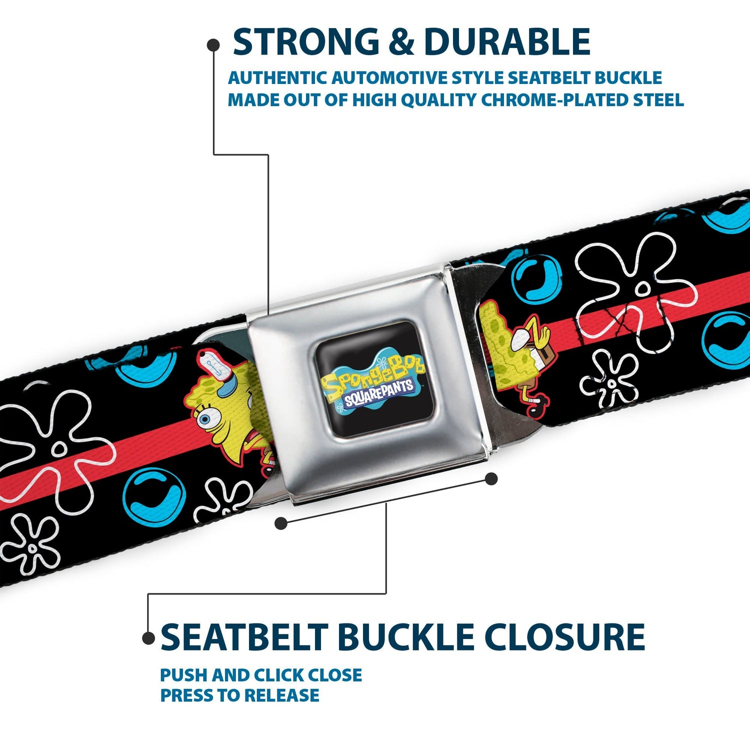 SpongeBob SquarePants Seatbelt Belt Mocking Pose Bubbles Stripe Full Color Black Blue Red - Paramount Shop