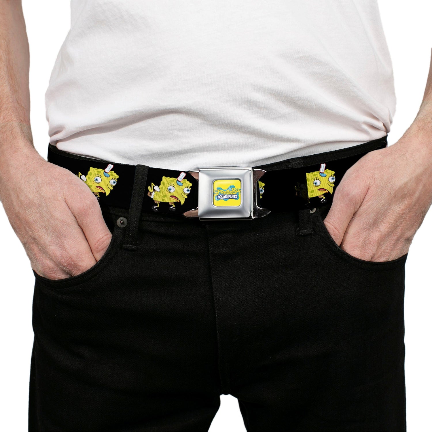 SpongeBob SquarePants Seatbelt Belt Mocking Pose Full Color Black - Paramount Shop