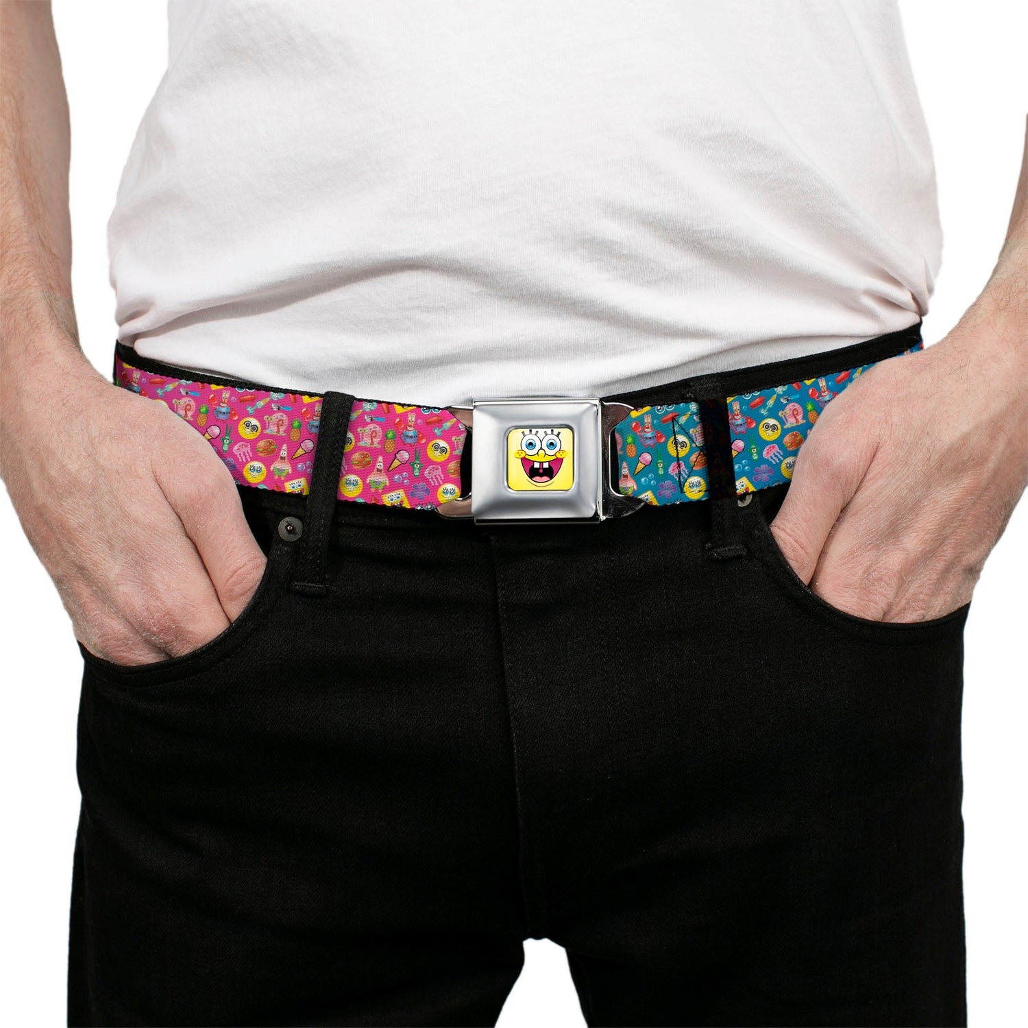 SpongeBob SquarePants Seatbelt Belt Open Mouth Smile Full Color Mini SpongeBob & Friends Ombre Multi Color Webbing - Paramount Shop